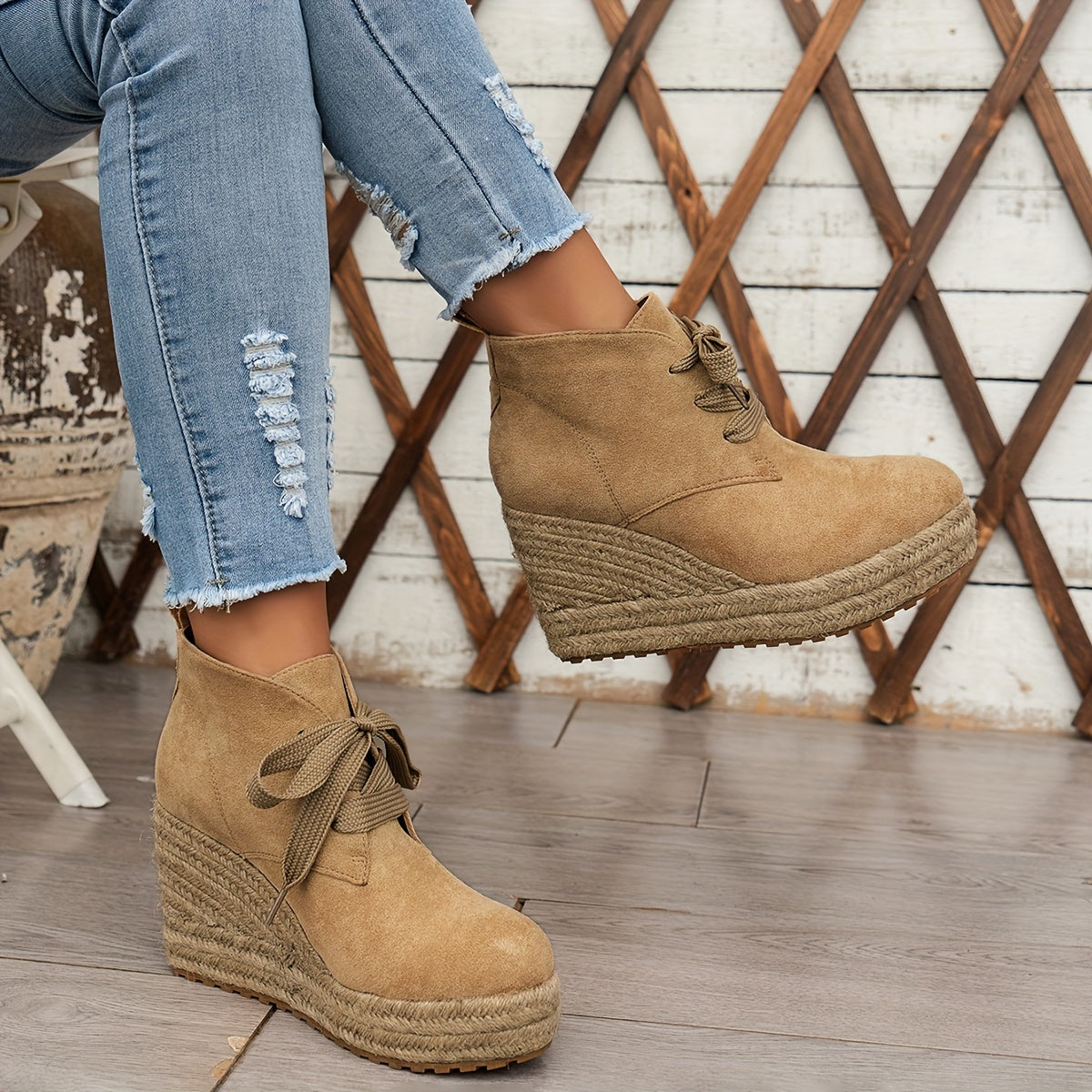 Comfortable Chic Women's Linen Wedge Ankle Boots - Lace-Up Platform Shoes with Durable Rubber Sole for All Seasons