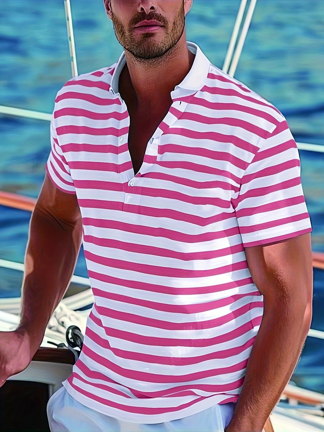 Men'S Short-Sleeve Polo Shirt with Print Stripes for Casual Summer Wear.