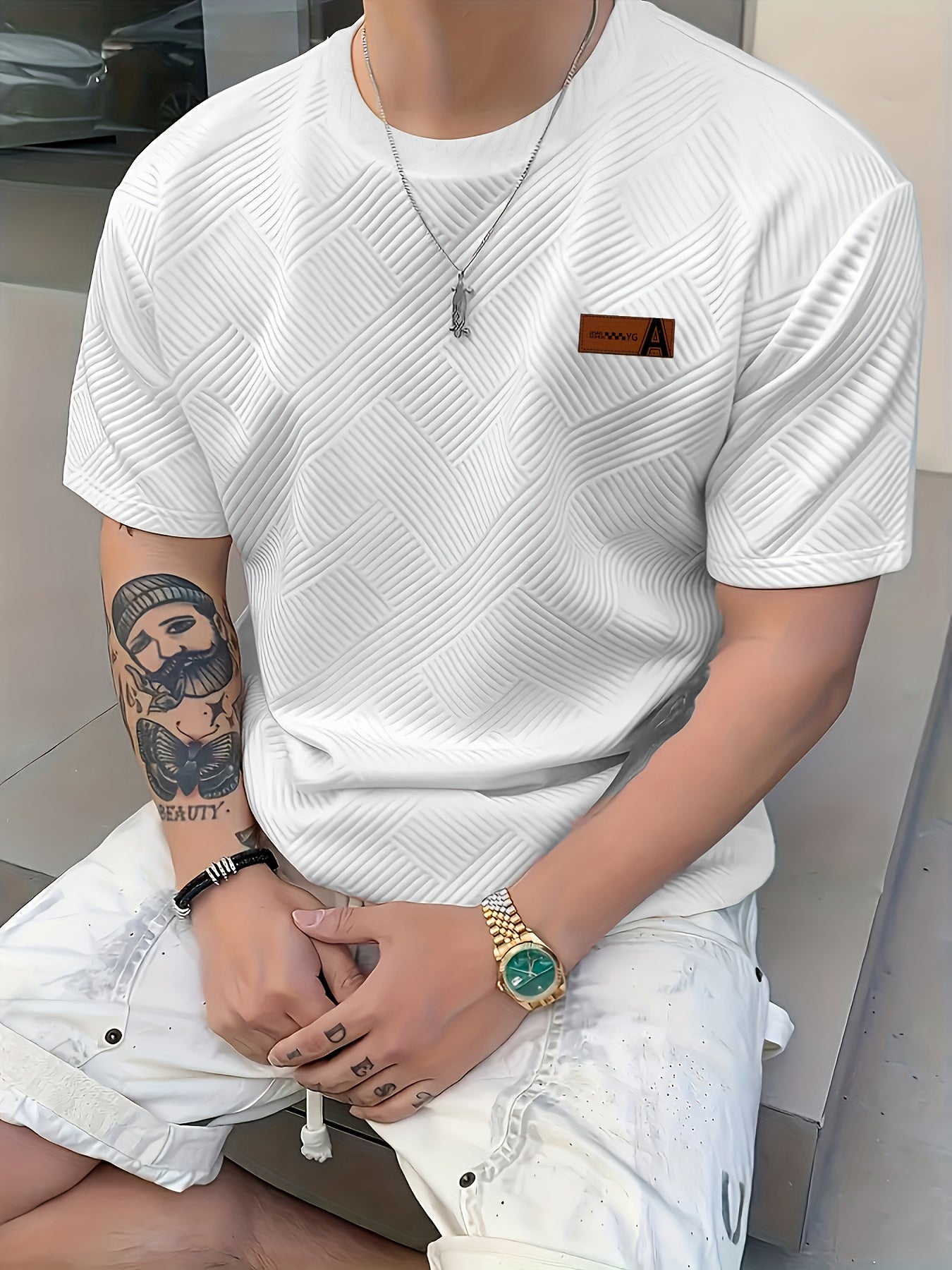 Men'S Casual Beige Short Sleeve T-Shirt with AFA Logo - 100% Polyester Knit, Lightweight & Breathable, Round Neck, Slight Stretch Fabric, Perfect for Casual Attir