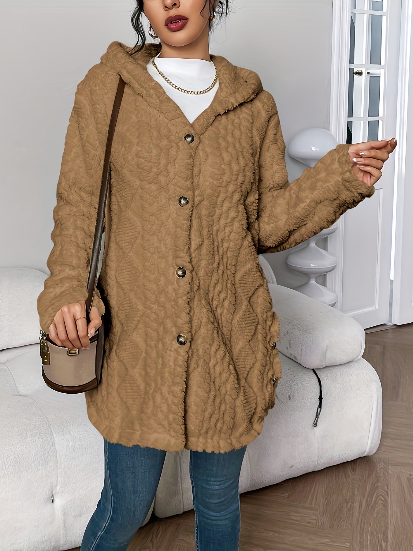 Autumn-Winter Warm Fashion Jacquard Plush Hooded Cardigan Coat