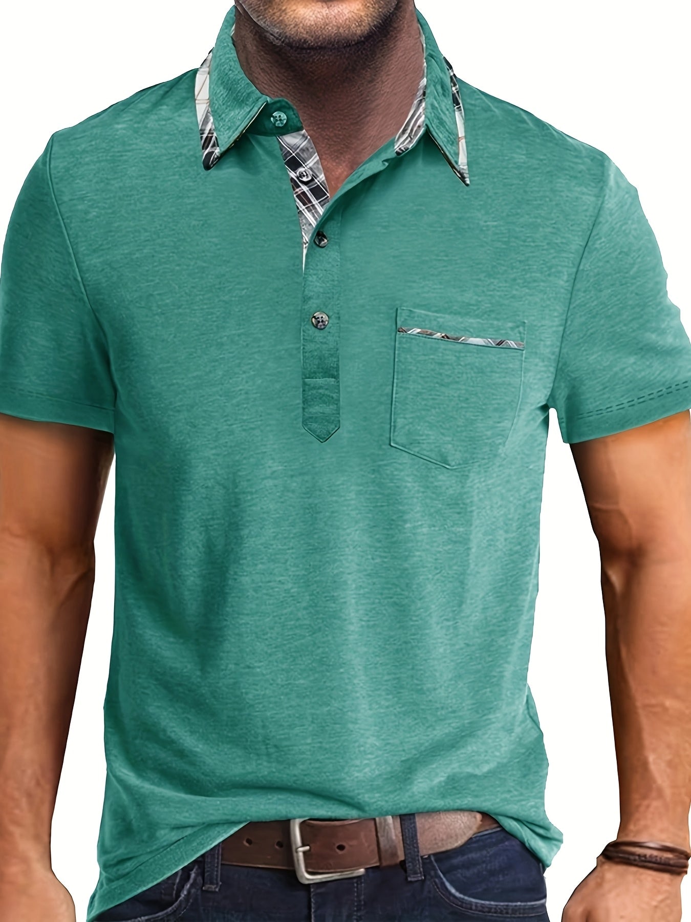 Men'S Plus Size Short Sleeve Polo Shirt with Plaid Collar and Button Details - Casual Summer Style, Regular Fit, Slight Stretch Fabric, Plus Size Shirts, PLUS SIZE