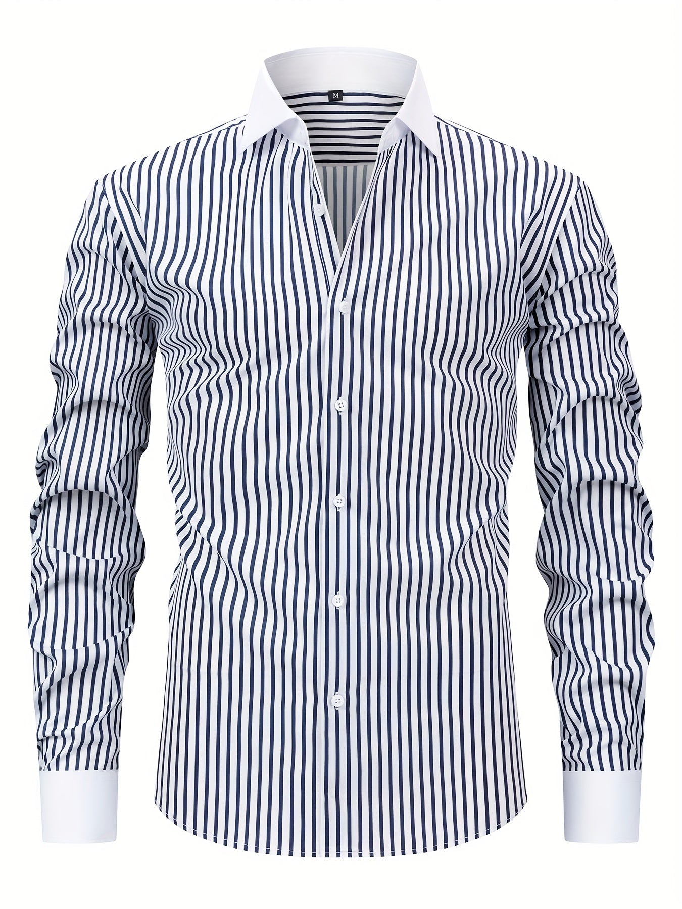 Men'S Elegant Striped Long Sleeve Button-Up Shirt - Red & White, Stretchy Polyester Blend, Fitted Design, Perfect for Business or Casual Wear, Gift for Me