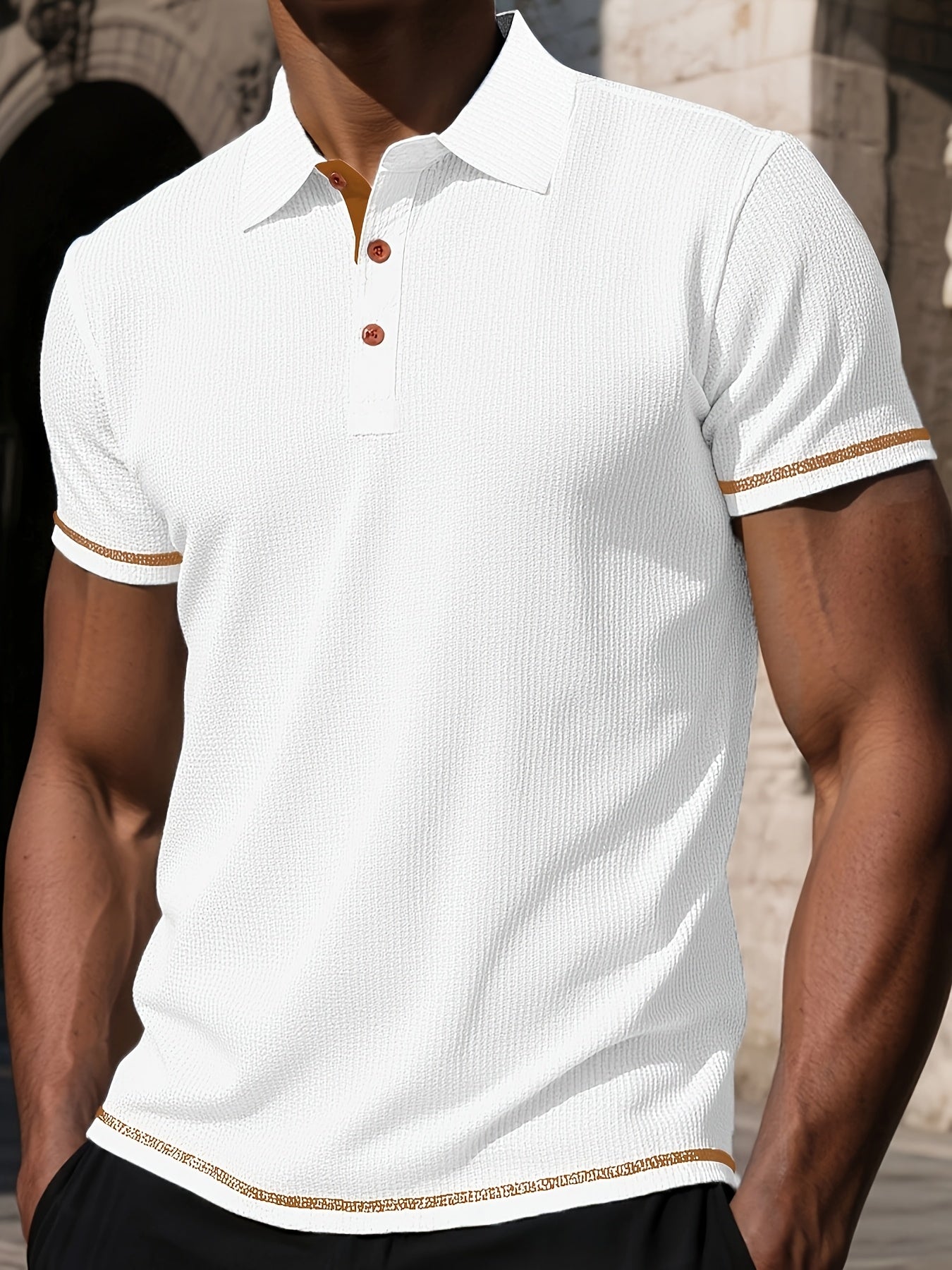 Men's Summer Ice Silky Fiber Short-Sleeve T-Shirt - Breathable Striped Casual Top with Classic Lapel Collar & Button Detail, Regular Fit for Casual Attire, Subtle Texture Shirt