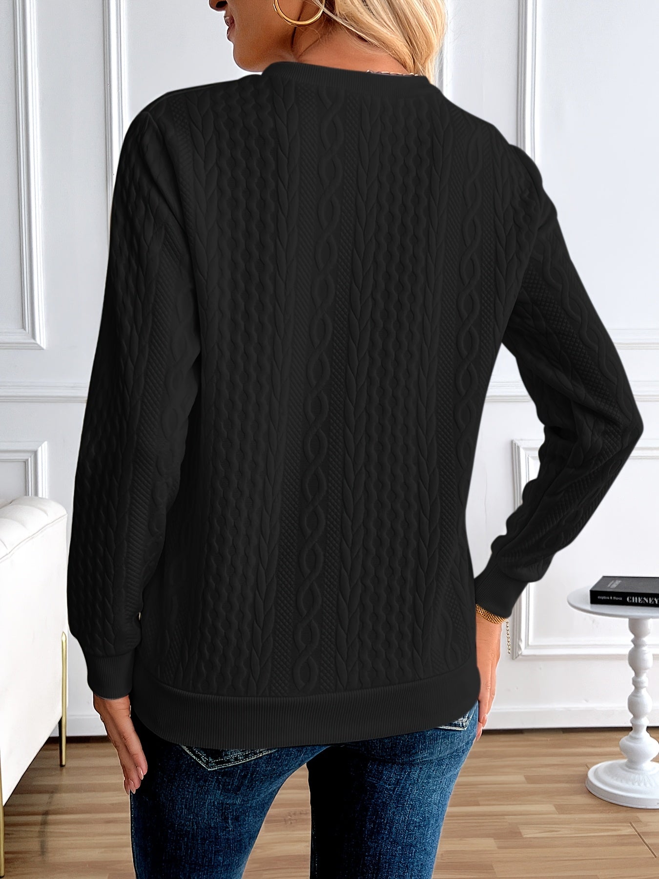 Chic Women's Half-Zip Pullover Sweatshirt - Elegant Solid Color Long Sleeve with Textured Cable Knit, Baseball Collar & Front Zipper, Polyester Blend, Machine Washable, Spring/Fall Casual Wear, Everyday Sweatshirt | Baseball Collar Top | Ribbed