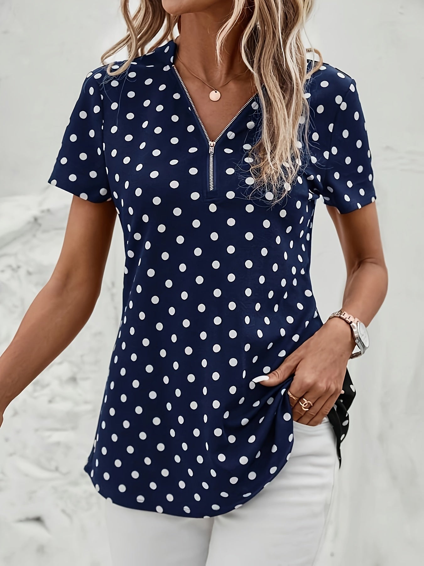 Elegant V Neck Short Sleeve Blouse - Polka Dots Print, Zipper Front, For Spring & Summer, Women's Clothing