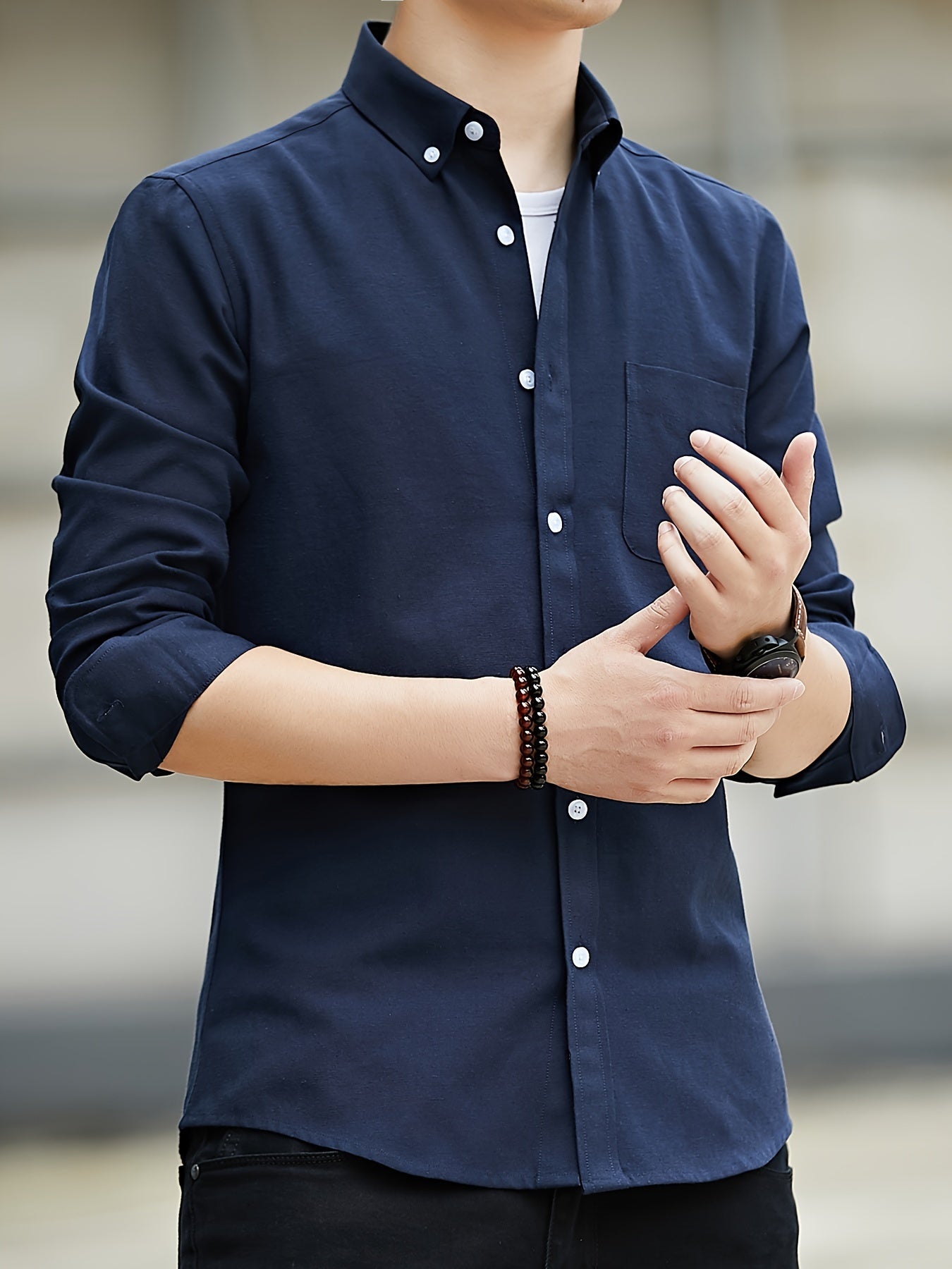Men'S Casual Oxford Shirt, Solid Color, Long Sleeve, Lapel Collar, Slim Fit, Single Breasted, with Chest Pocket, Button Details, Woven Fabric, for Spring/Fall - Loose Fit Casual Shirt