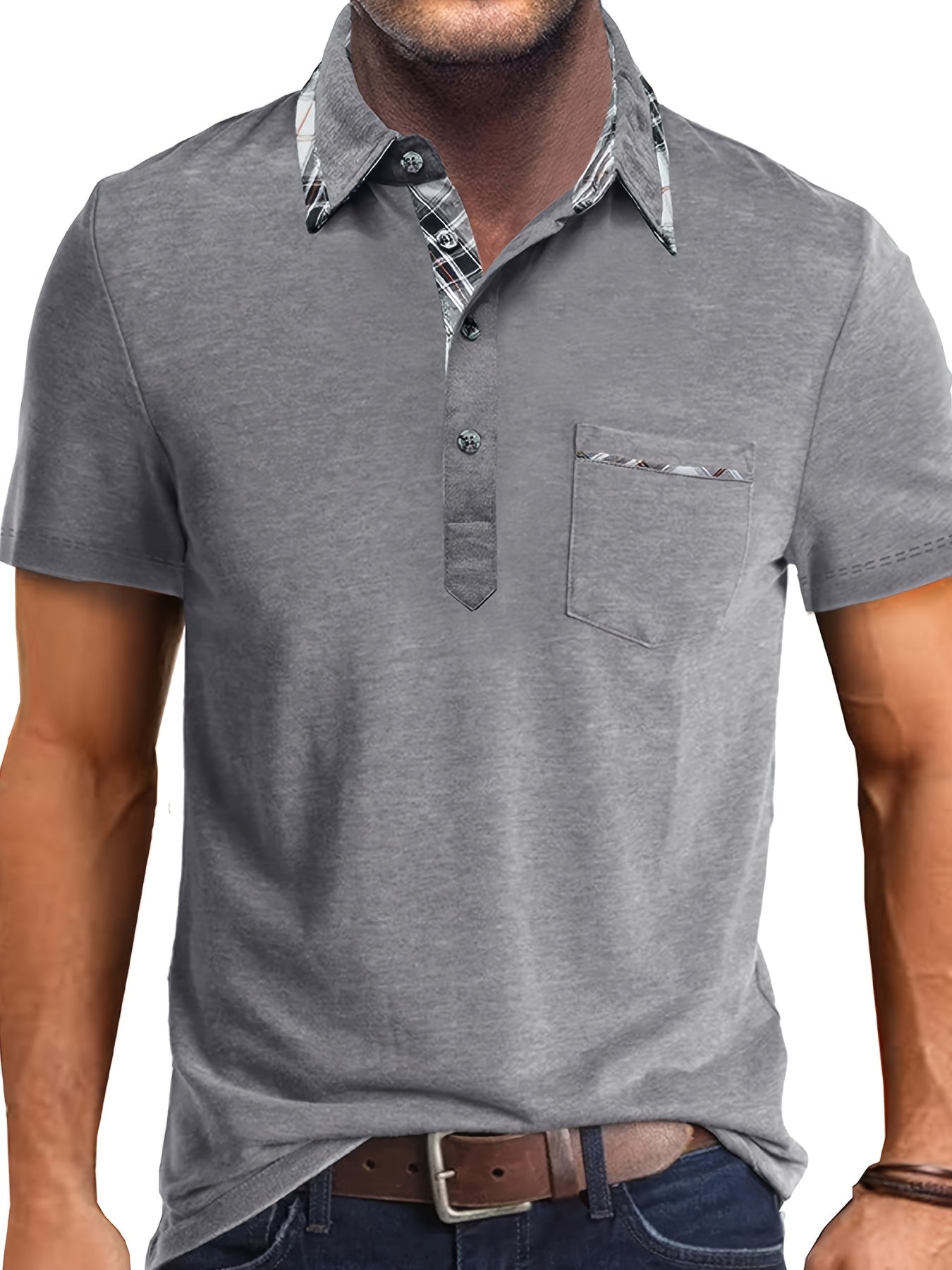 Men'S Plus Size Short Sleeve Polo Shirt with Plaid Collar and Button Details - Casual Summer Style, Regular Fit, Slight Stretch Fabric, Plus Size Shirts, PLUS SIZE