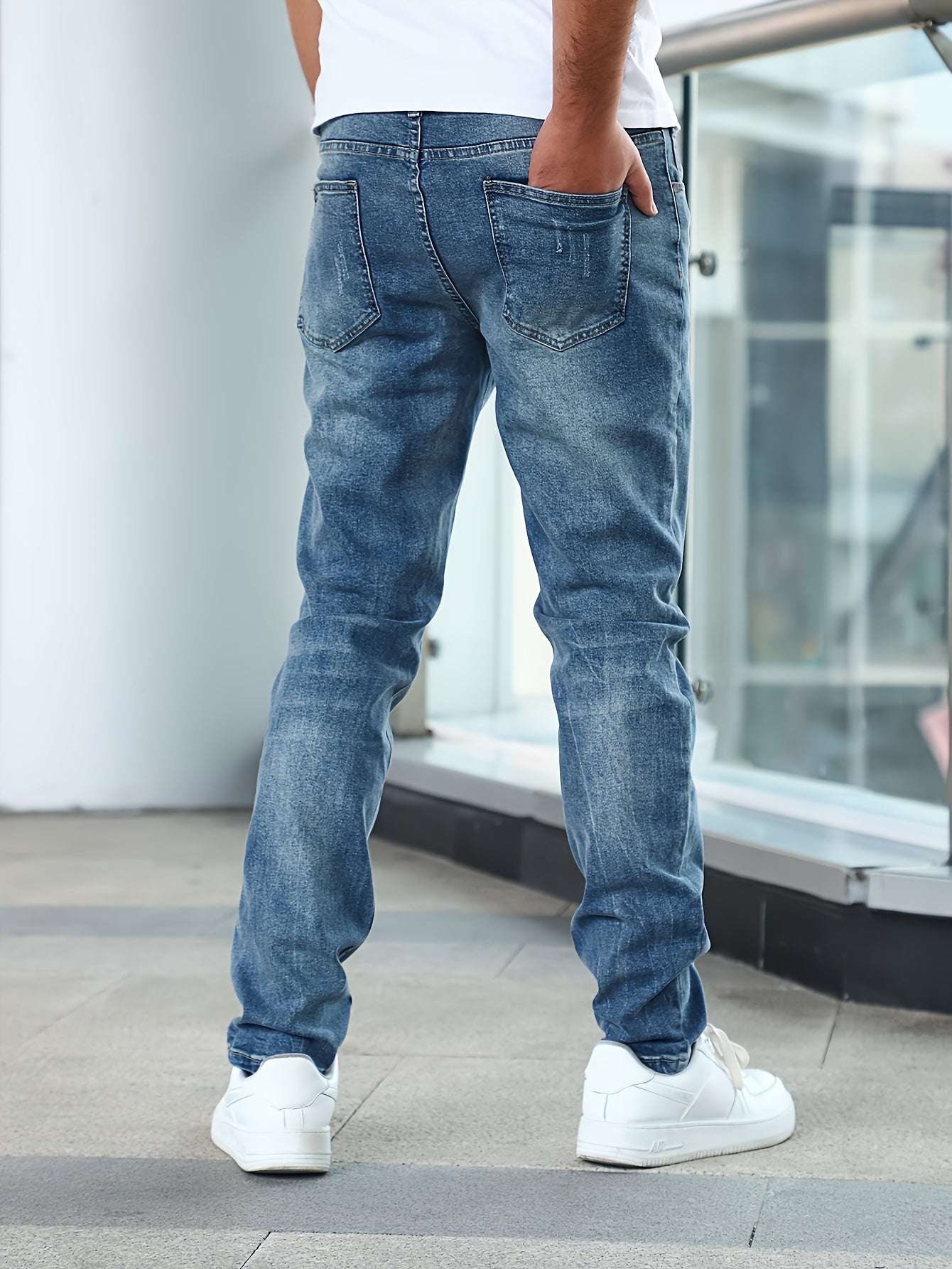 Men'S Slim-Fit Stretch Denim Jeans - Light Blue, Casual Style, All-Season Comfort, Regular Fit, Solid Color, Washed Finish, Perfect for Teens, Teenage Fashion|Casual Style Jeans|Woven Denim
