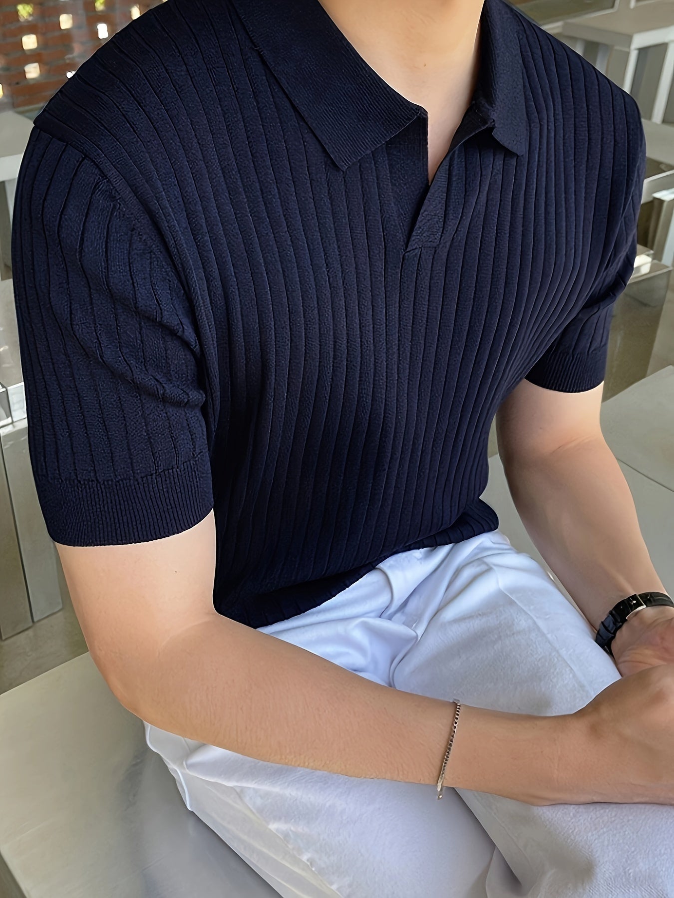 2024 New Men'S Small Hole Short Sleeve Polo Shirt Knitted Sweater - Beige, Medium Stretch, Solid Color, Regular Fit, All-Season Casual Wear, Casual Wear Sweater|Minimalist Style|Knit Construction, Sweater Vest