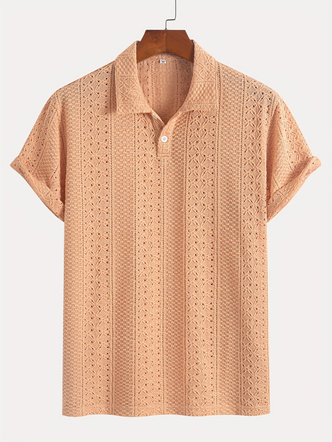 1pc Striped Knit Shirt for Men - Breathable Short Sleeve with Lace-Like Cut-Out Detail, Lightweight Casual Top, Hand Wash Only, Warm Weather Top, Textured Pattern, Delicate Knitwork, Men's Top, Stylish Men
