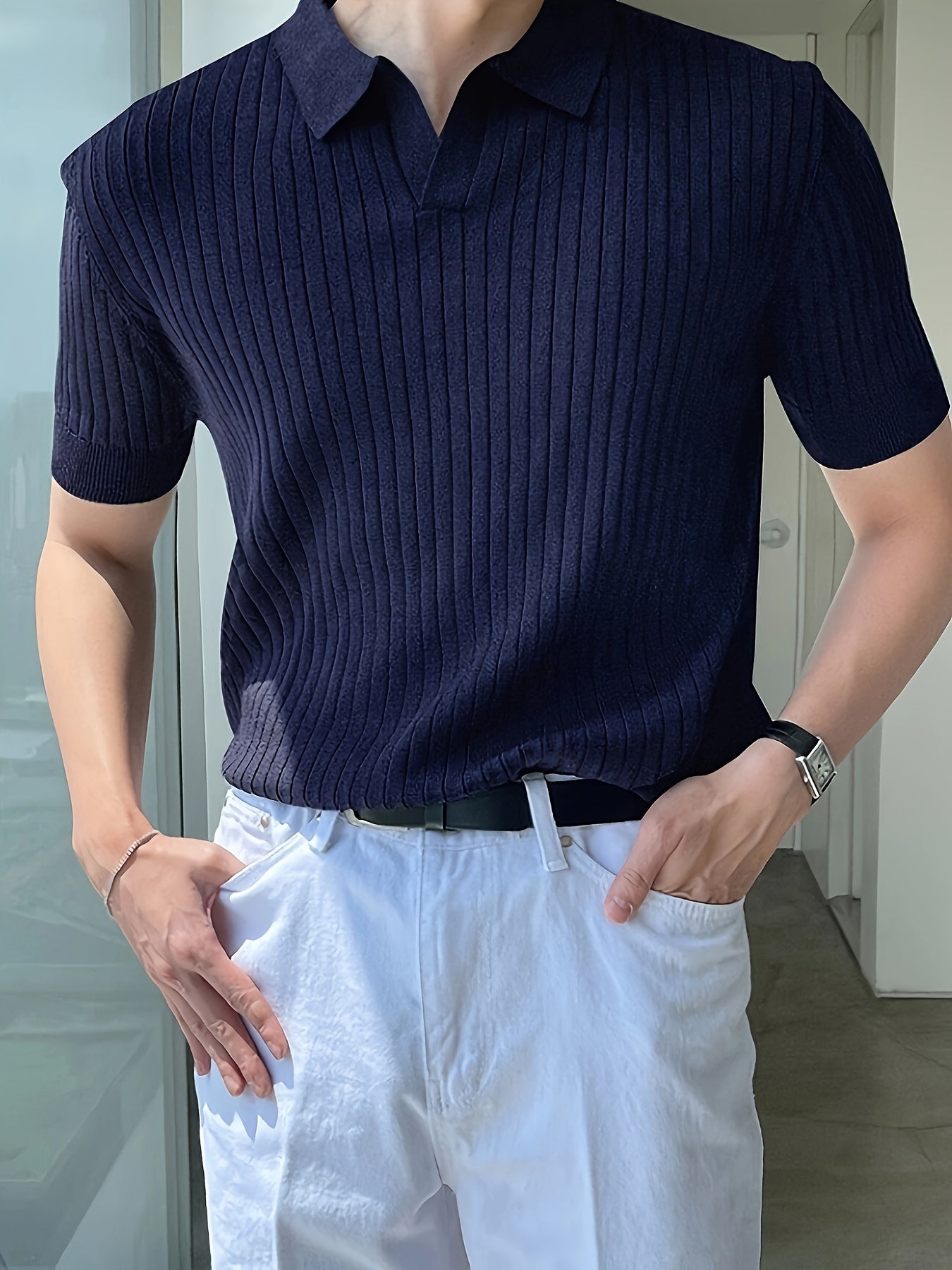 2024 New Men'S Small Hole Short Sleeve Polo Shirt Knitted Sweater - Beige, Medium Stretch, Solid Color, Regular Fit, All-Season Casual Wear, Casual Wear Sweater|Minimalist Style|Knit Construction, Sweater Vest