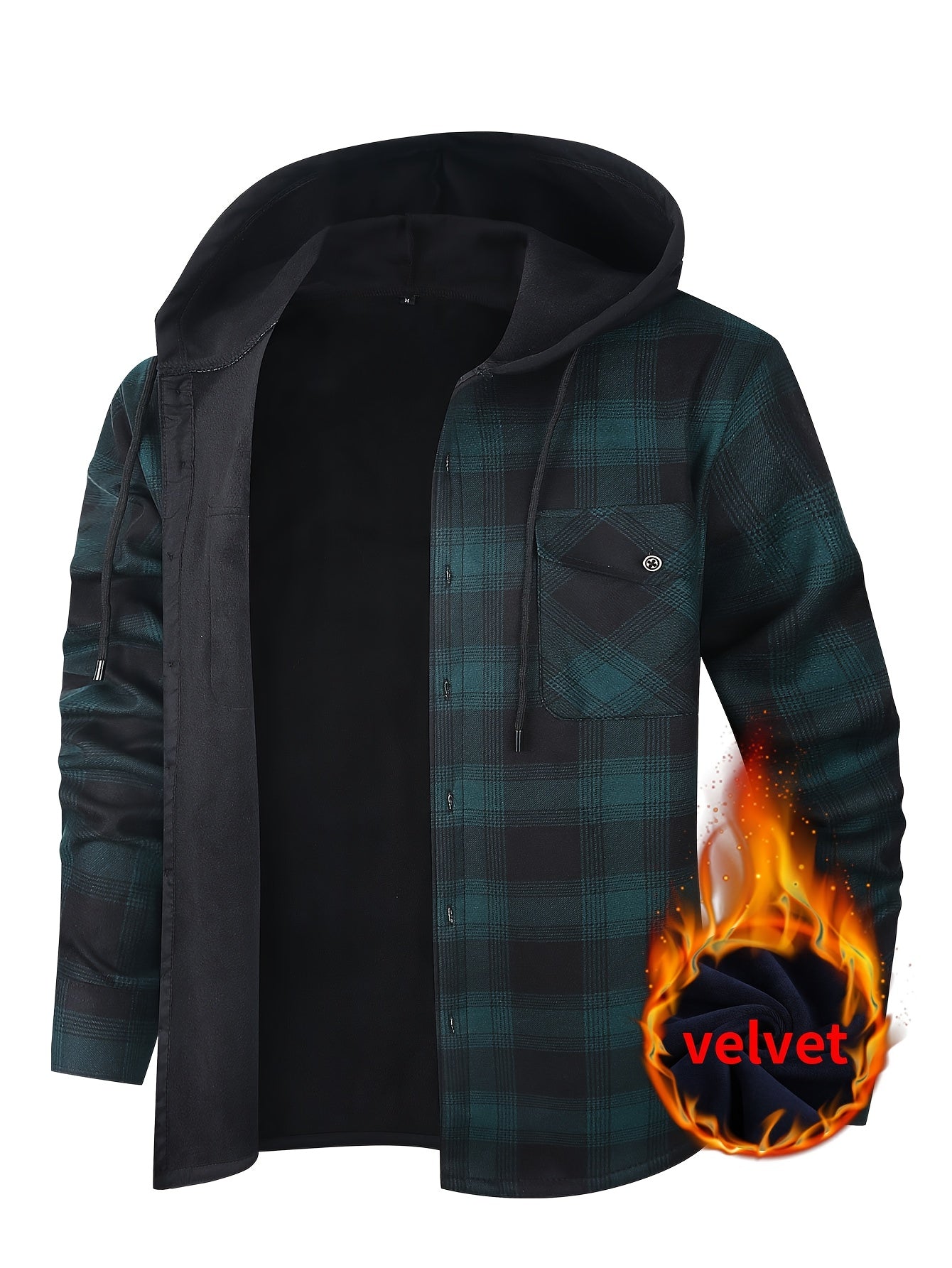 Men's Fleece-Lined Hoodie - Casual & Sporty, Plaid Pullover with Button Detail, Long Sleeve, Loose Fit for Fall/Winter