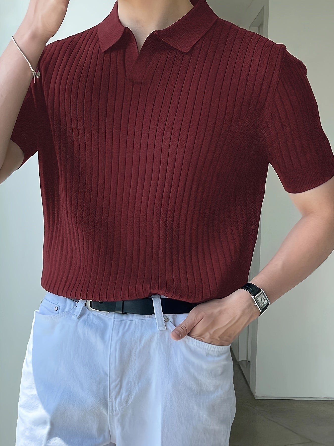 2024 New Men'S Small Hole Short Sleeve Polo Shirt Knitted Sweater - Beige, Medium Stretch, Solid Color, Regular Fit, All-Season Casual Wear, Casual Wear Sweater|Minimalist Style|Knit Construction, Sweater Vest