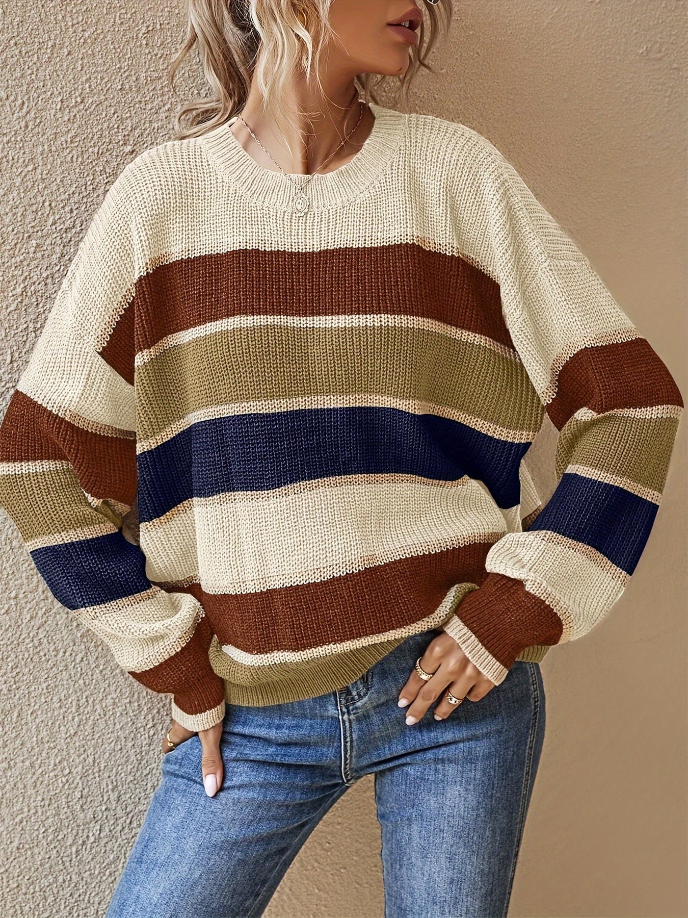 Women'S Color Block Striped Pullover Sweater - Cozy Long Sleeve Crew Neck, Loose Fit, Fall/Winter Casual Top with Green, Brown, and Beige Stripes, Casual Winter Wear | Relaxed Fit Top | Construction, Sweater Dress, Fall Clothe For Women, Fall Sw