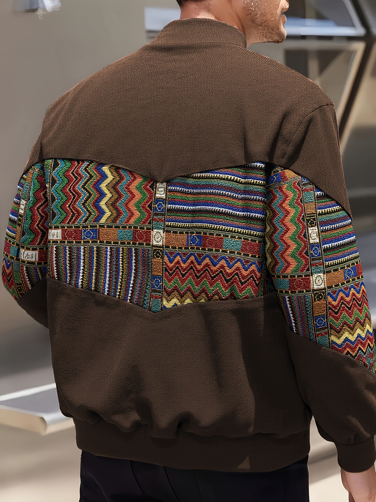 Men'S Ethnic Style Long Sleeve Baseball Collar Jacket - Casual Four-Button Closure, Side Pockets, Vibrant Geometric Patterns, Corduroy Fabric, Perfect for Formal, Sporty, and Outdoor Wear, Outdoor Jacket | Ethnic Style Jacket | Corduroy Fabric