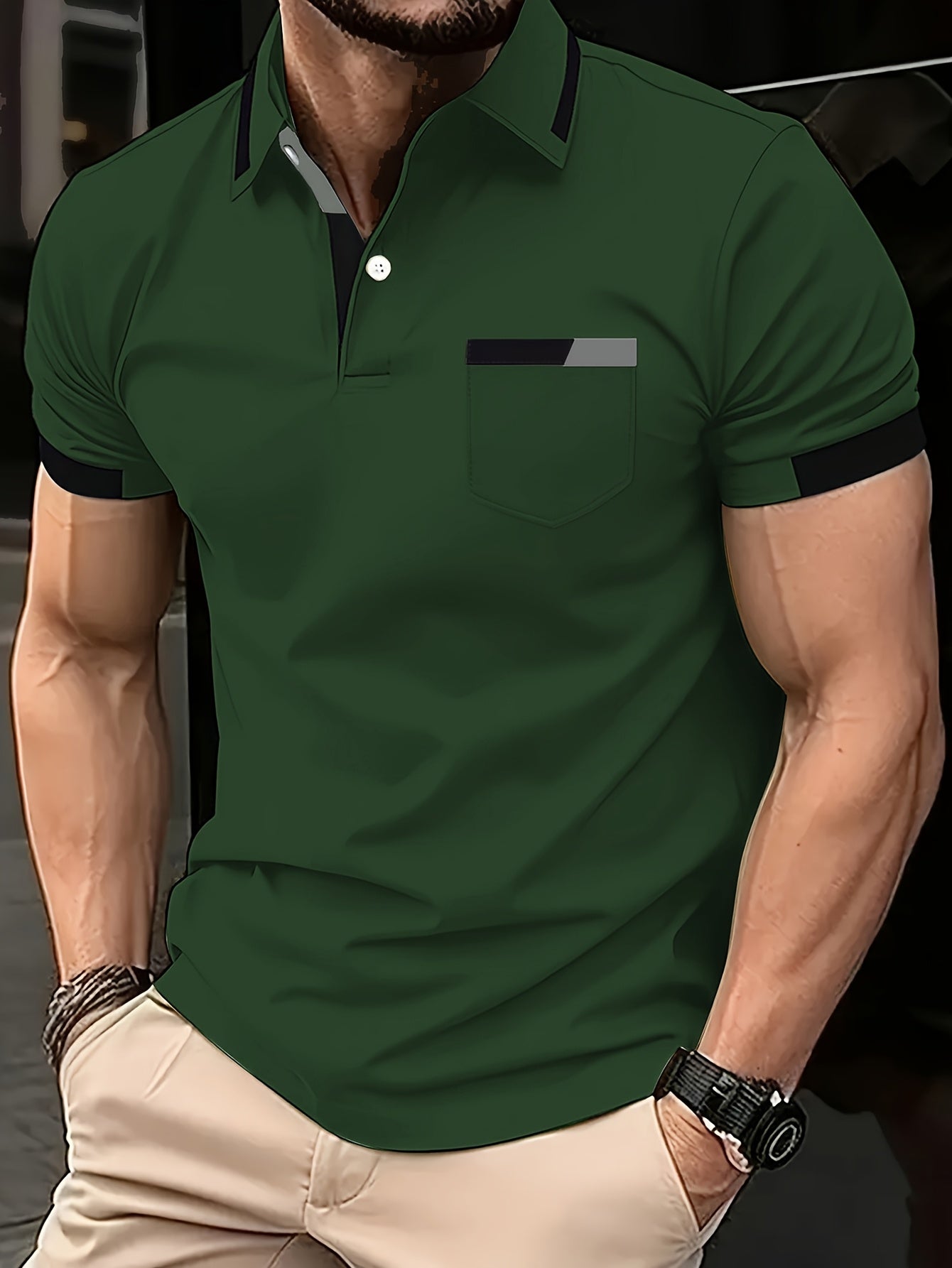 Men'S Casual Print Short-Sleeve Polo Shirt - Light Gray with Black & White Geometric Design, Comfortable Lapel Collar, Button-Up Front & Chest Pocket