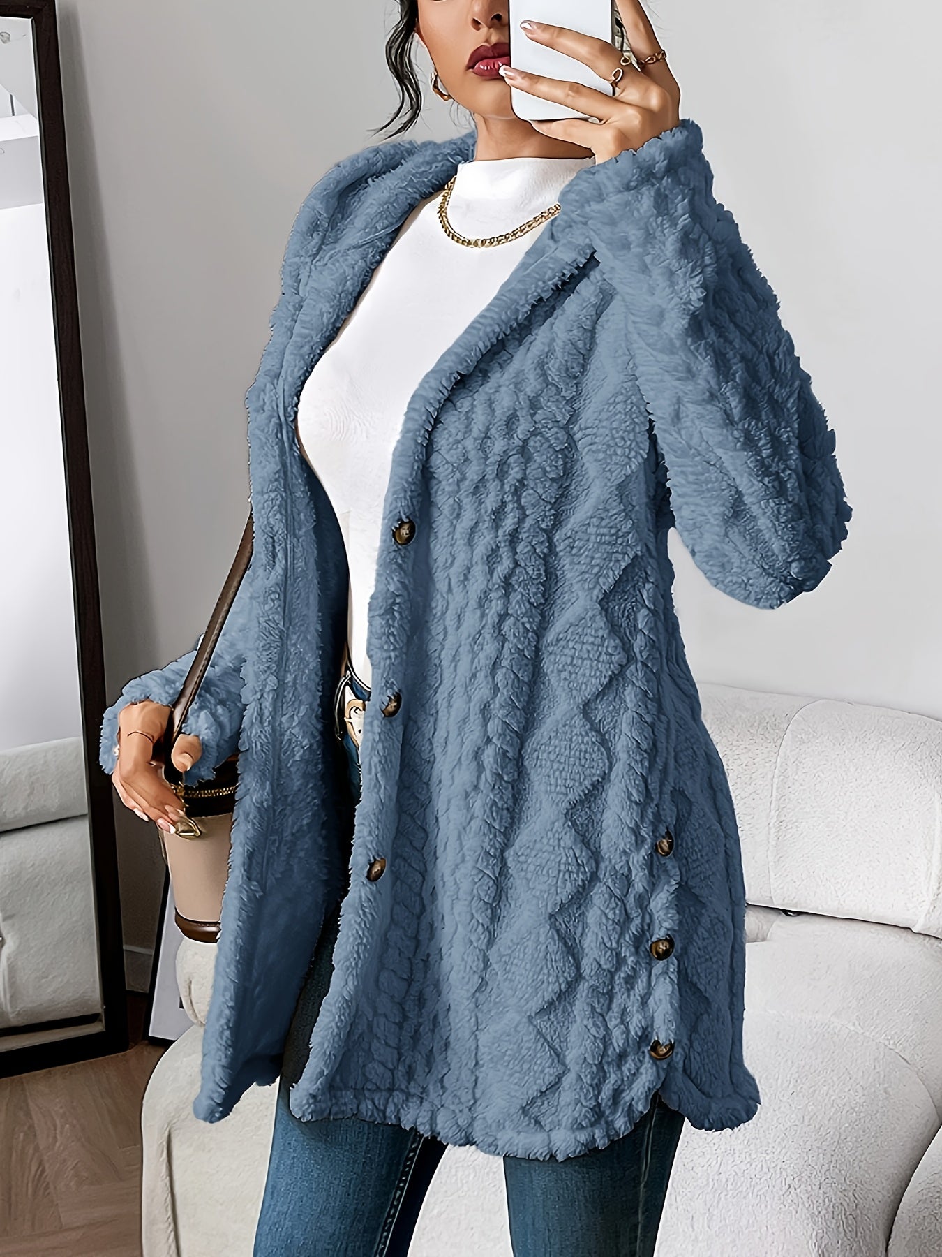 Autumn-Winter Warm Fashion Jacquard Plush Hooded Cardigan Coat