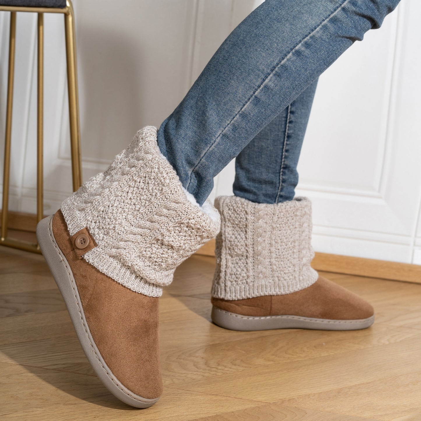Women's Knitted Winter Boots - Thickened Warm Ankle Boots with Ribbed Texture, Soft Fabric Upper & TPR Sole, Hand Washable Casual Shoes for Fall/Spring (Black & Brown), Knit Boots, Seasonal Footwear, Cozy Footwear, Comfortable Lining, Comfort Se
