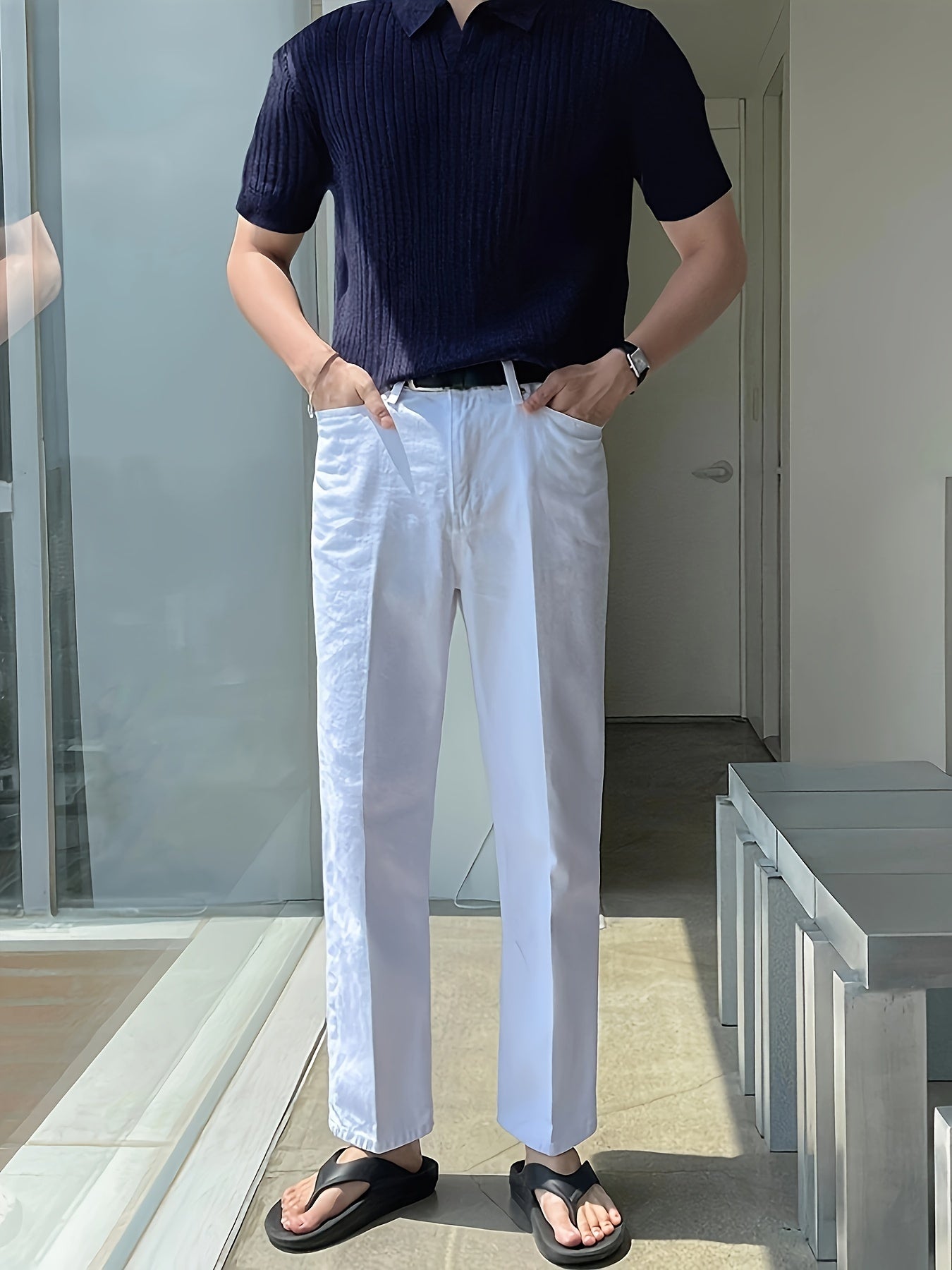 2024 New Men'S Small Hole Short Sleeve Polo Shirt Knitted Sweater - Beige, Medium Stretch, Solid Color, Regular Fit, All-Season Casual Wear, Casual Wear Sweater|Minimalist Style|Knit Construction, Sweater Vest