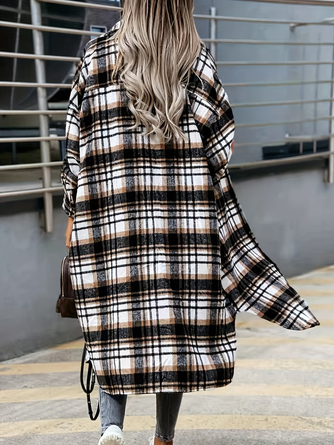 Stylish Plaid Print Womens Long Jacket - Relaxed Casual Button Front with Flap Pockets - Durable Outerwear for Everyday Fashion
