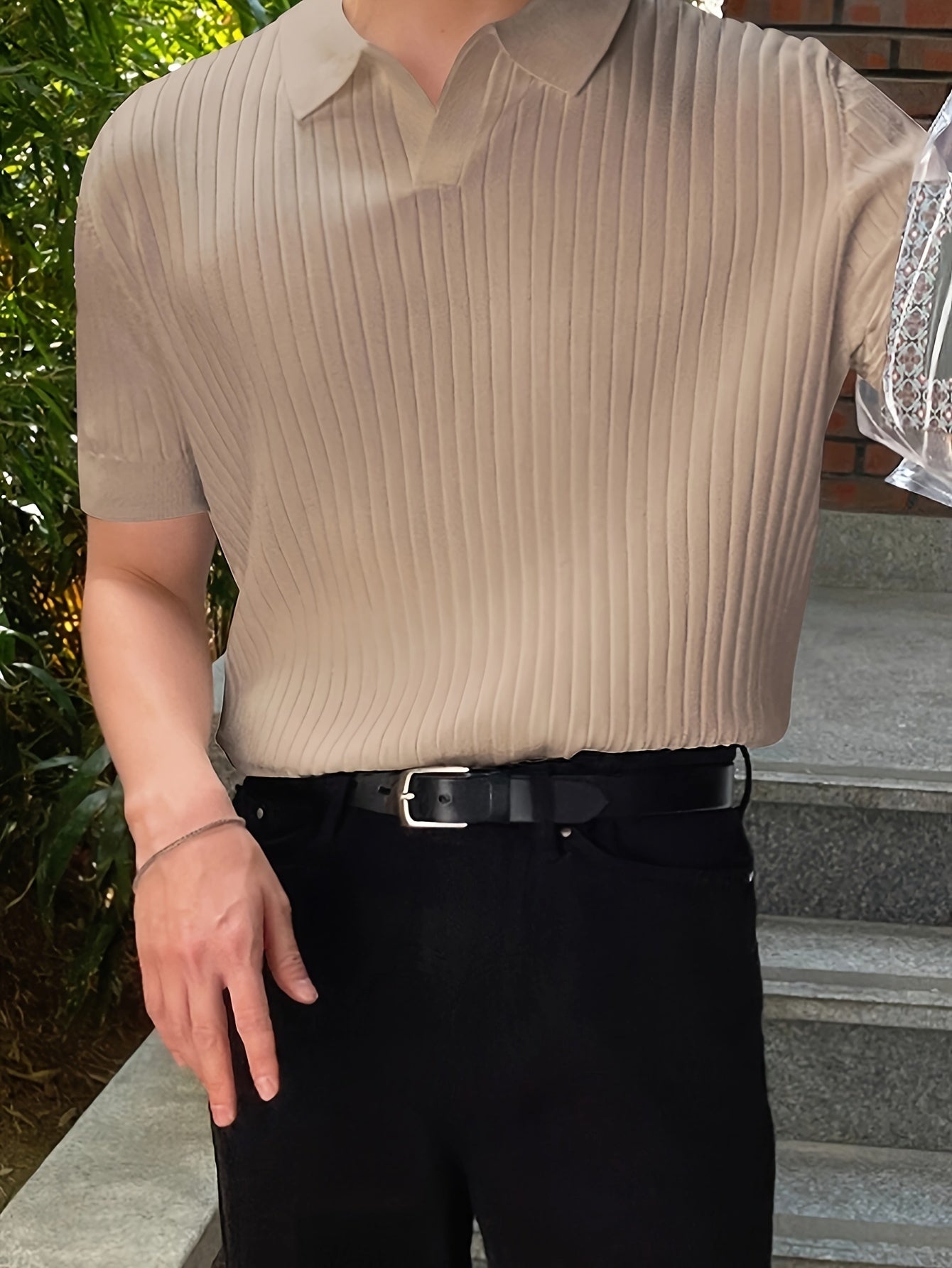 2024 New Men'S Small Hole Short Sleeve Polo Shirt Knitted Sweater - Beige, Medium Stretch, Solid Color, Regular Fit, All-Season Casual Wear, Casual Wear Sweater|Minimalist Style|Knit Construction, Sweater Vest
