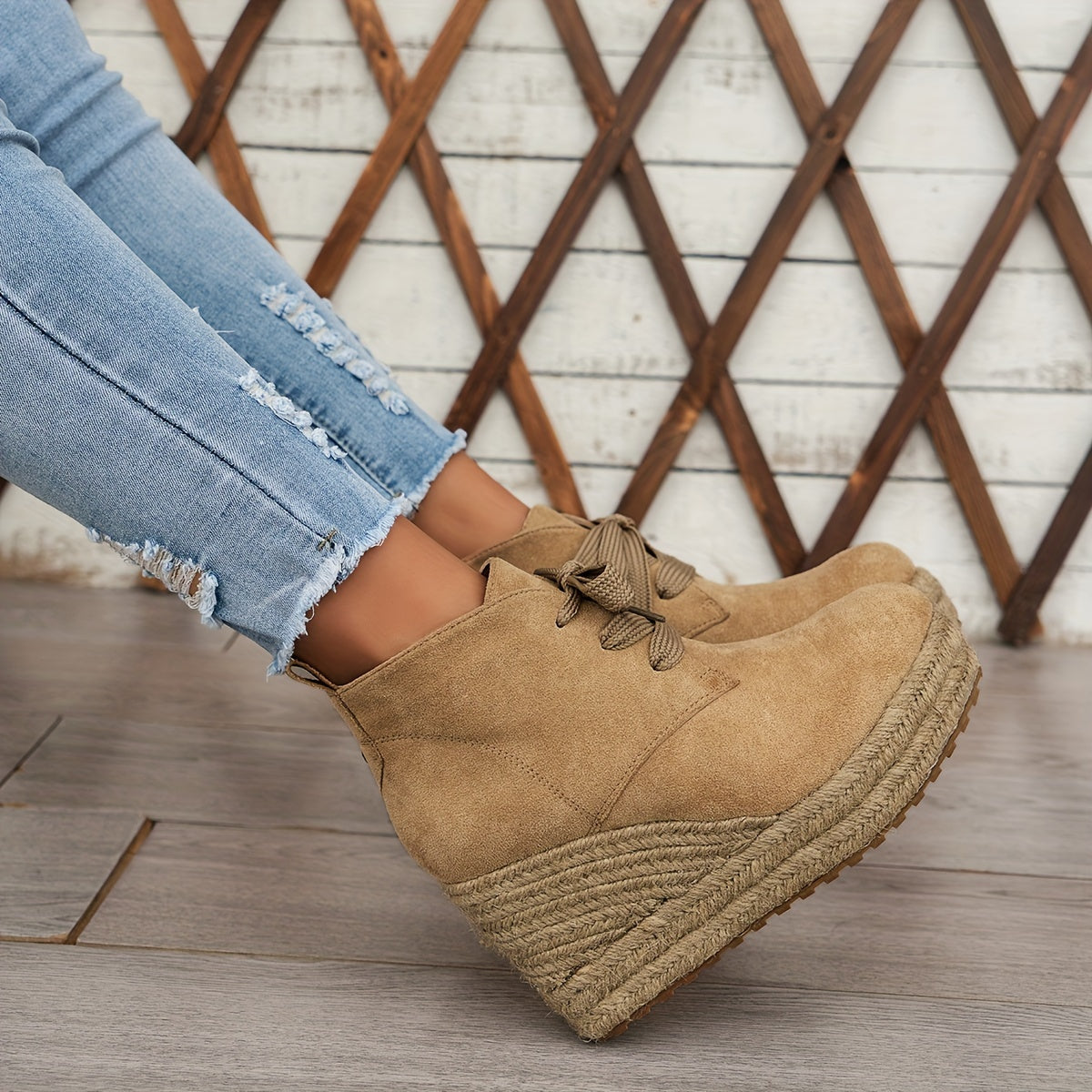 Comfortable Chic Women's Linen Wedge Ankle Boots - Lace-Up Platform Shoes with Durable Rubber Sole for All Seasons
