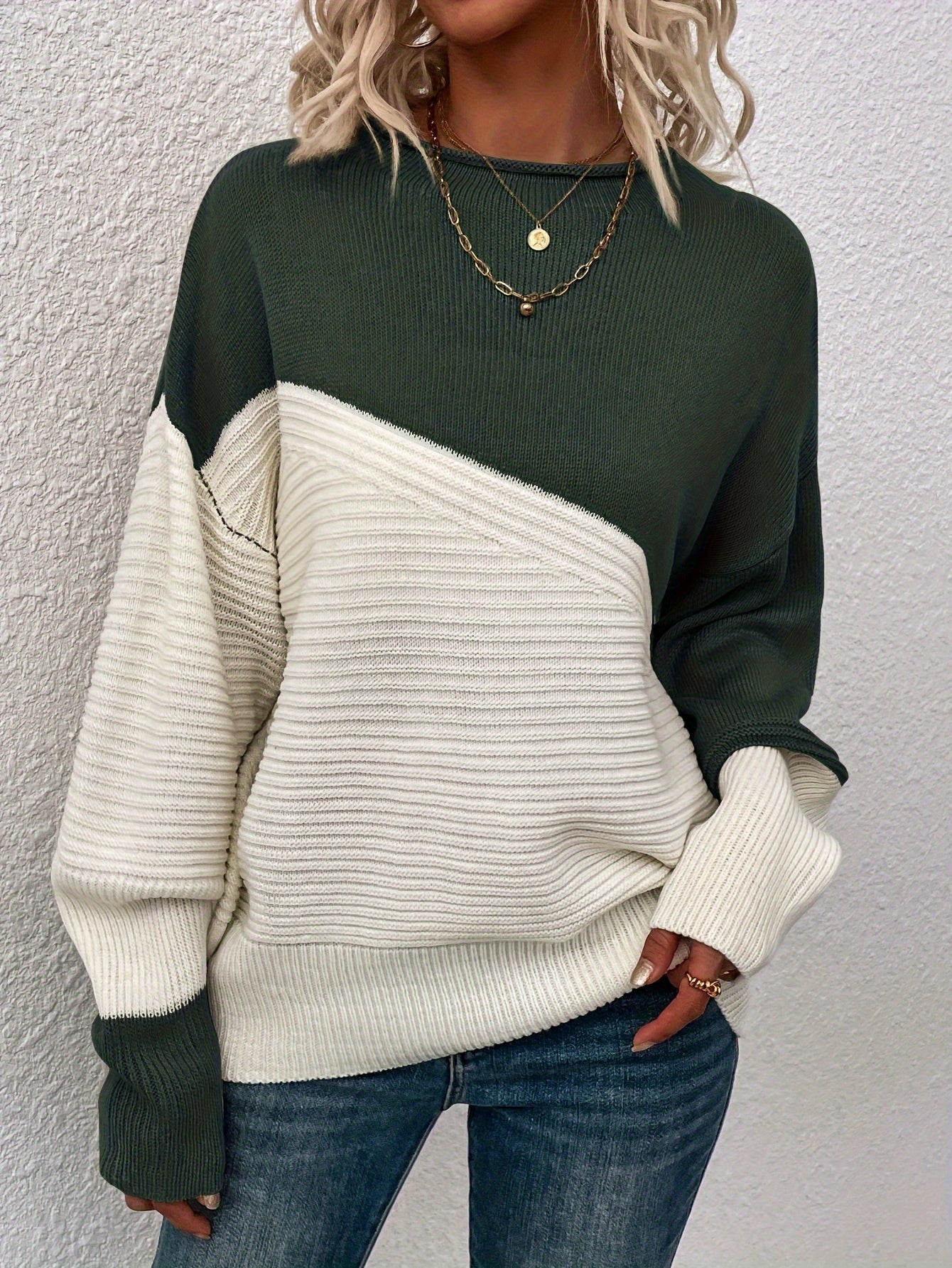 Womens Elegant Color Block Funnel Neck Pullover Sweater - Soft High Elasticity Acrylic Knit Fabric, Long Sleeve Drop Shoulder Design, Easy Care Hand Wash or Dry Clean, Perfect for Fall and Winter - Classic Style for Casual Daily Wear