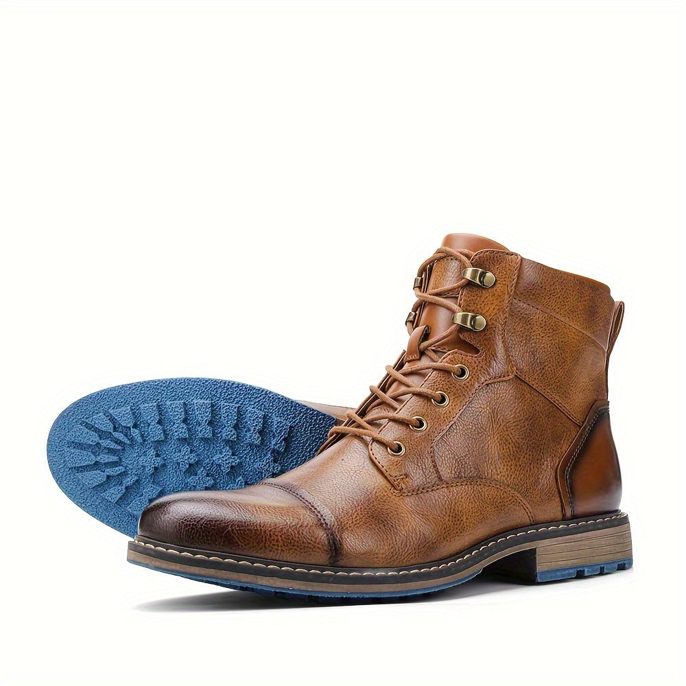 Men'S Boots in Brown with PU Patchwork Upper, Side Zipper, And Two-Tone Rubber Sole.