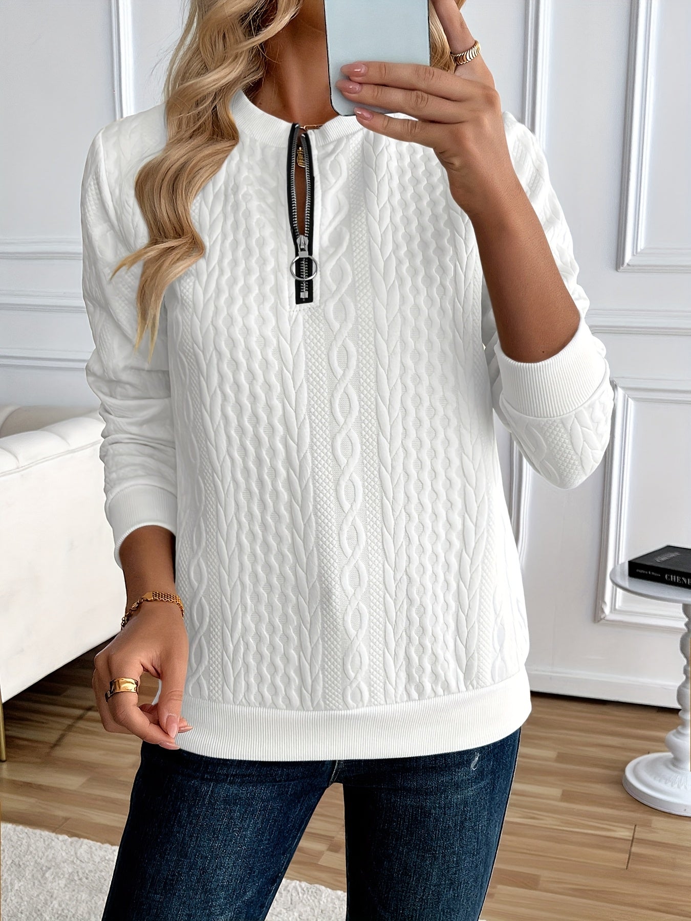 Chic Women's Half-Zip Pullover Sweatshirt - Elegant Solid Color Long Sleeve with Textured Cable Knit, Baseball Collar & Front Zipper, Polyester Blend, Machine Washable, Spring/Fall Casual Wear, Everyday Sweatshirt | Baseball Collar Top | Ribbed