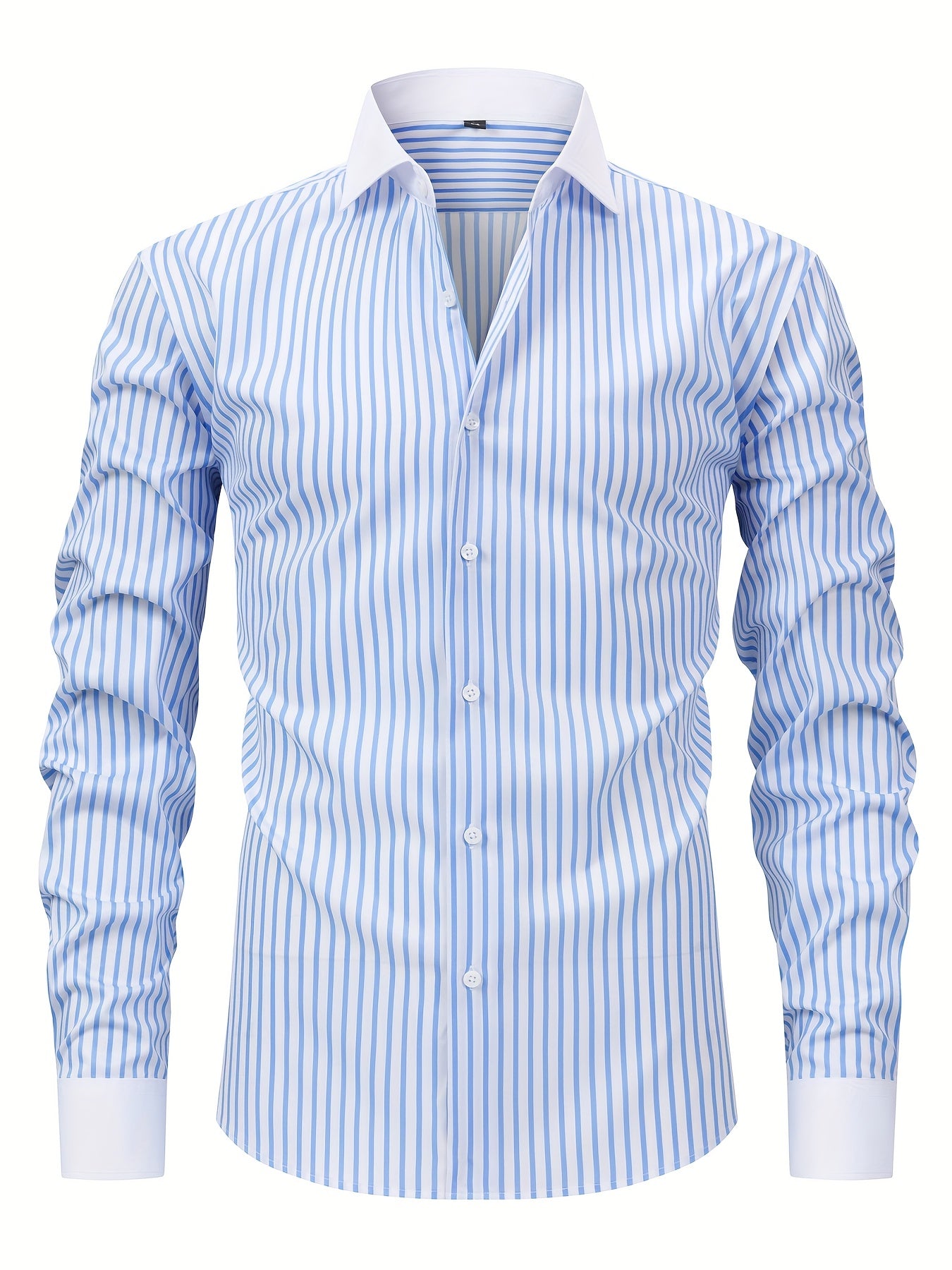 Men'S Elegant Striped Long Sleeve Button-Up Shirt - Red & White, Stretchy Polyester Blend, Fitted Design, Perfect for Business or Casual Wear, Gift for Me