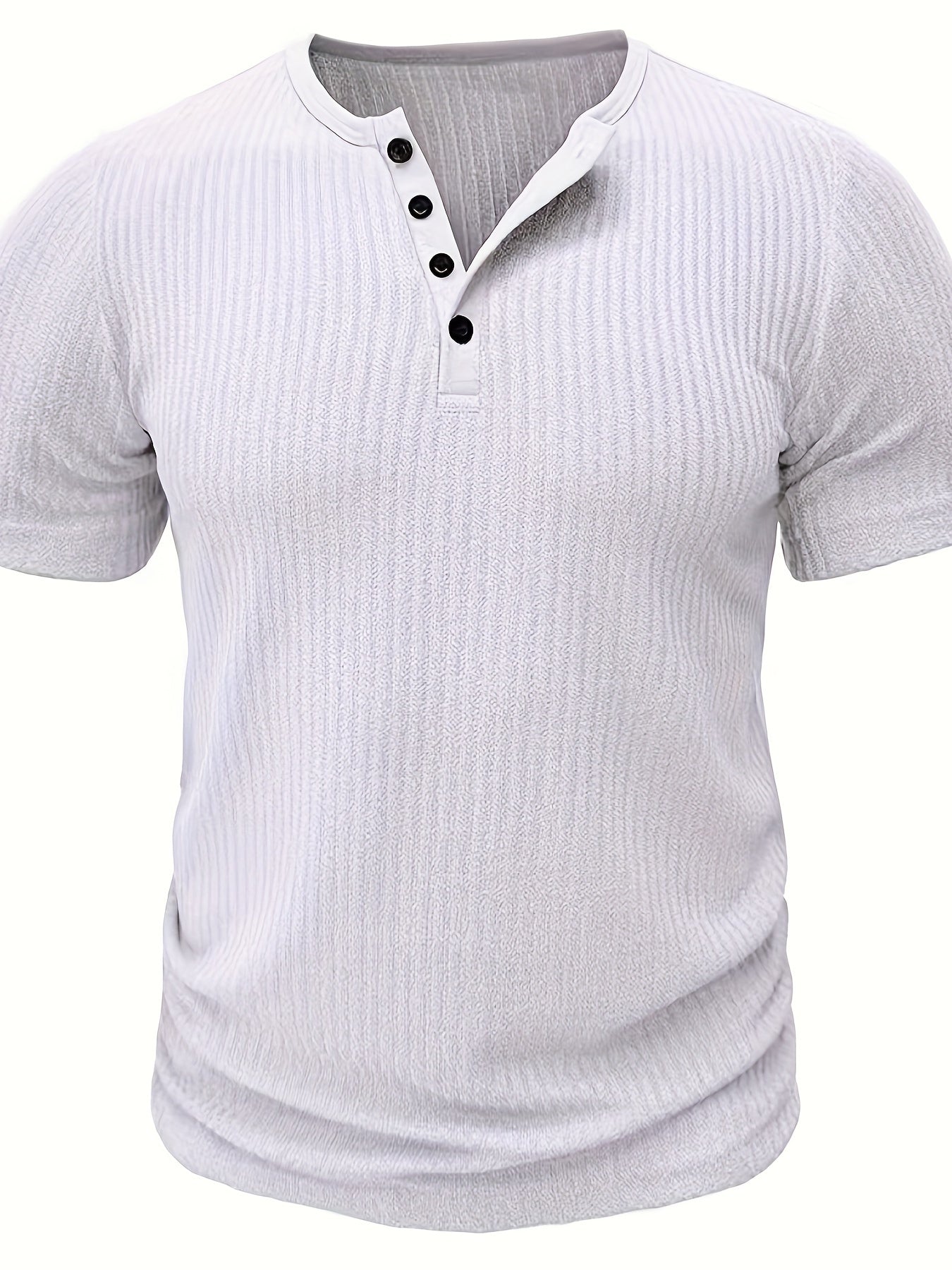 Solid Stripe Pattern Knit Short Sleeve T-shirt With Henley Neck, Chic And Stylish Sports Tops For Men's Summer Leisurewear And Outdoors Activities