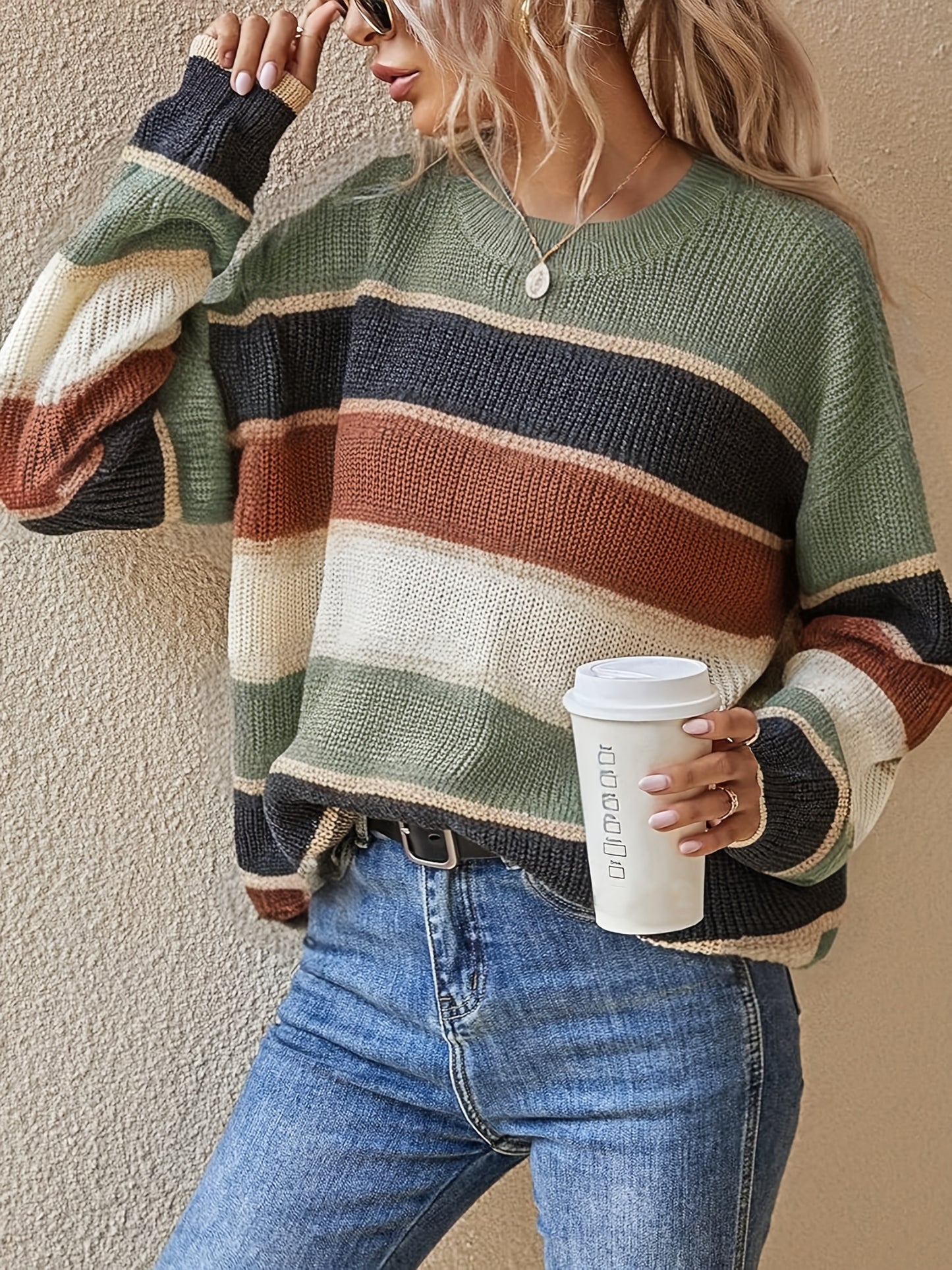 Women'S Color Block Striped Pullover Sweater - Cozy Long Sleeve Crew Neck, Loose Fit, Fall/Winter Casual Top with Green, Brown, and Beige Stripes, Casual Winter Wear | Relaxed Fit Top | Construction, Sweater Dress, Fall Clothe For Women, Fall Sw