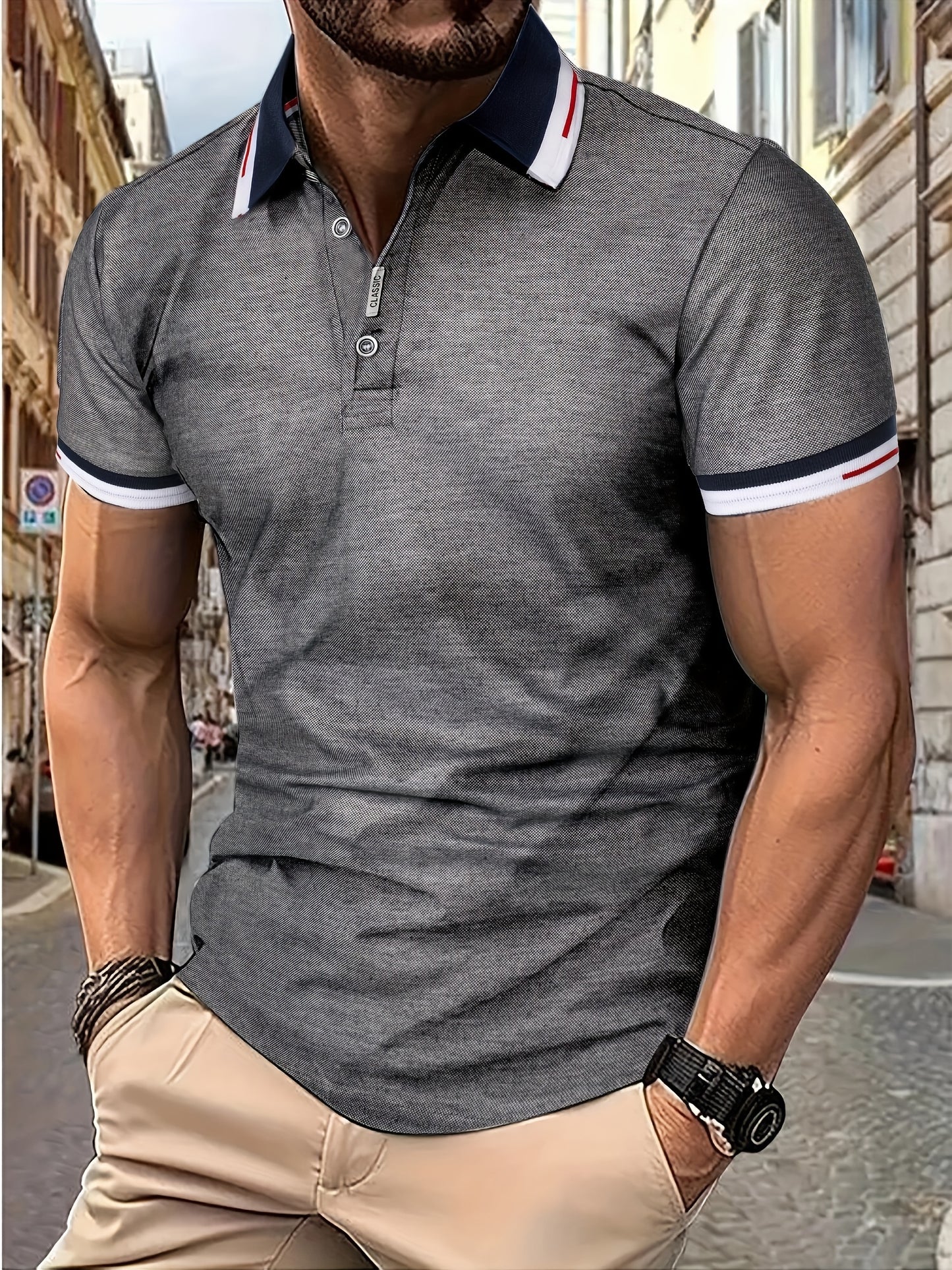 Men's Sleek Black Shirt - Casual & Sporty, Short-Sleeved with Contrast Collar and Trim, 100% Polyester, Button Detail, Ideal for Summer