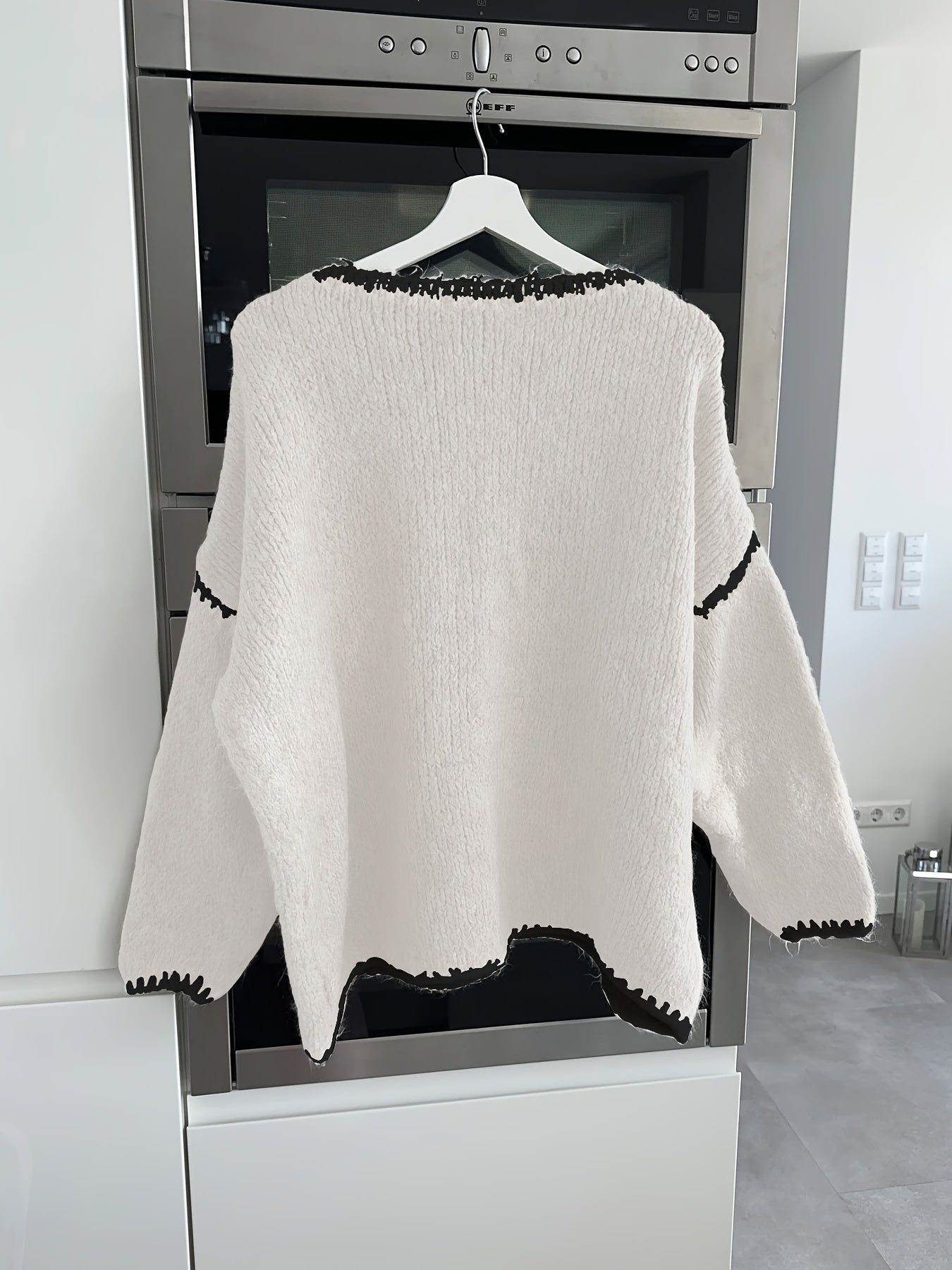 Solid Off-the-Shoulder Color Block Knit Sweater - Casual, Polyester, Fall/Winter, Knit Fabric, 88.2 g/m²