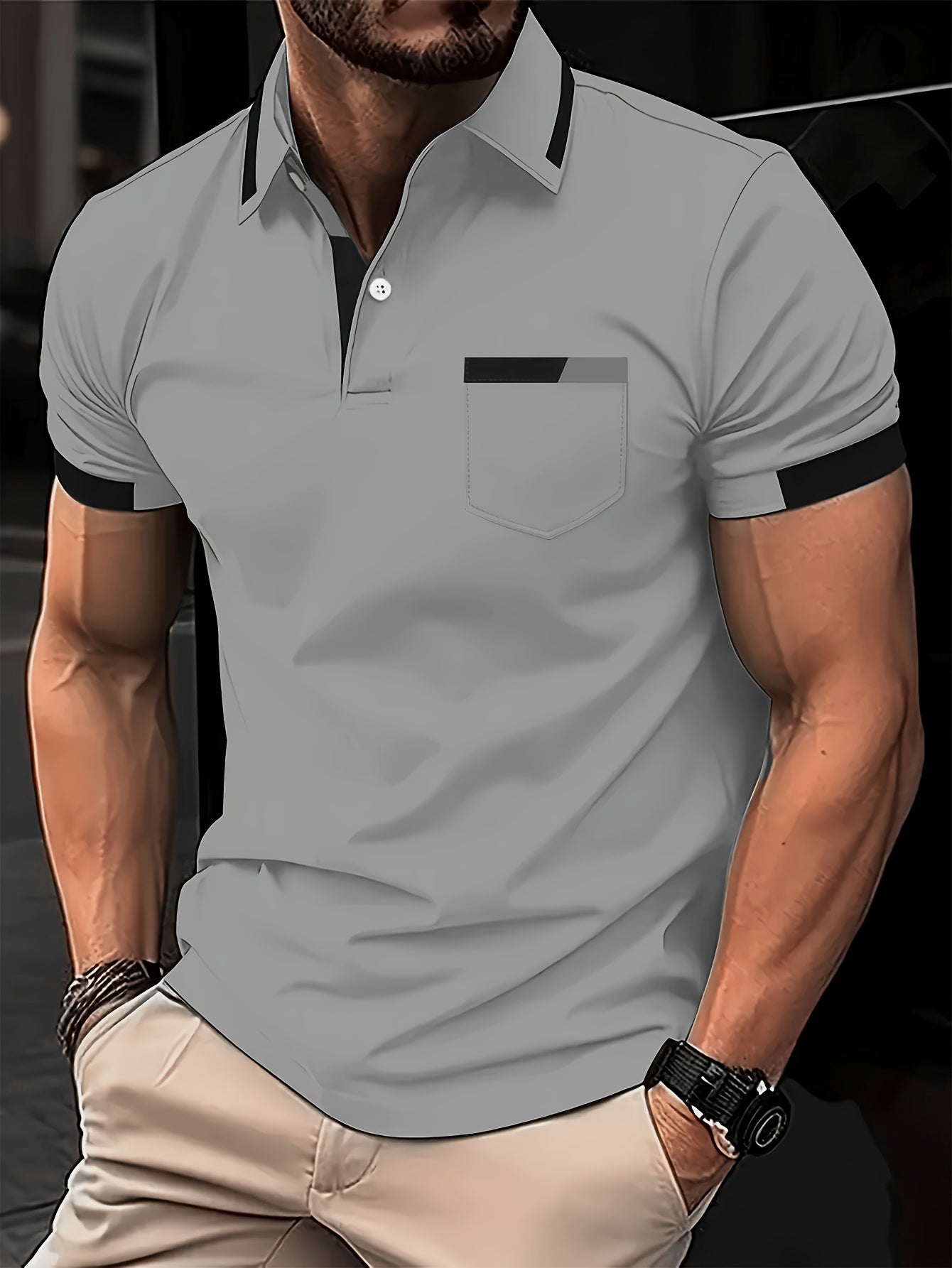 Men'S Casual Print Short-Sleeve Polo Shirt - Light Gray with Black & White Geometric Design, Comfortable Lapel Collar, Button-Up Front & Chest Pocket