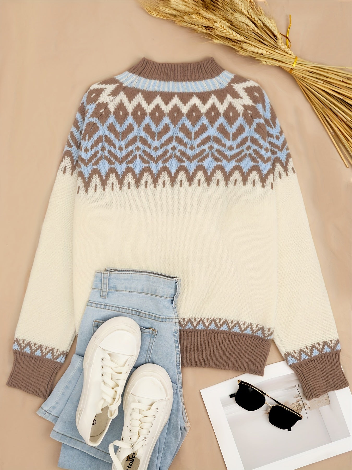 2025 New Women'S Autumn And Winter Casual Fashion Commuting Outdoor Ribbed Round Neck Color-Blocked Patterned Pullover