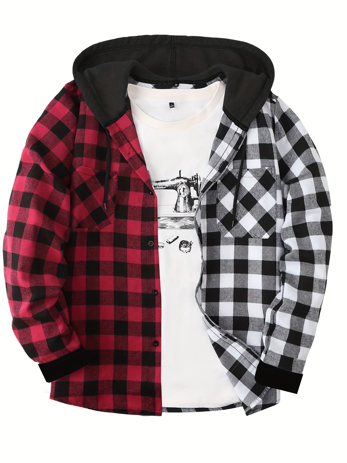 Men's Casual Plaid Hoodie Shirt - Long Sleeve Button-Up with Drawstring Hood, Red & Yellow Gingham Print, Polyester Blend, Comfortable and Stylish for Casual Attire, Essential Hoodie