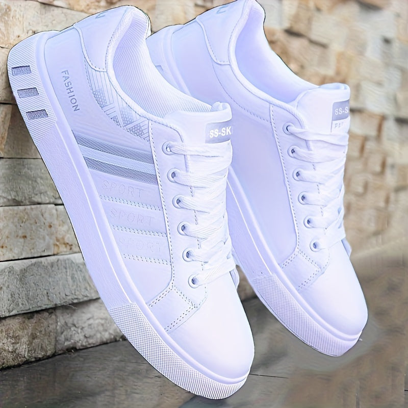 KOONEXY Men's Low-Top Sneakers - White Lace-Up Shoes with Cushioned PVC Sole, Breathable PU Upper for Gym, Casual, Outdoor - All-Season Sneakers for Everyday & Sports, Sleek Sporty Design, Comfortable Fit