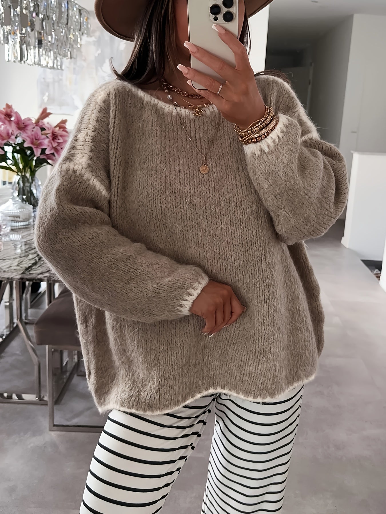 Solid Off-the-Shoulder Color Block Knit Sweater - Casual, Polyester, Fall/Winter, Knit Fabric, 88.2 g/m²