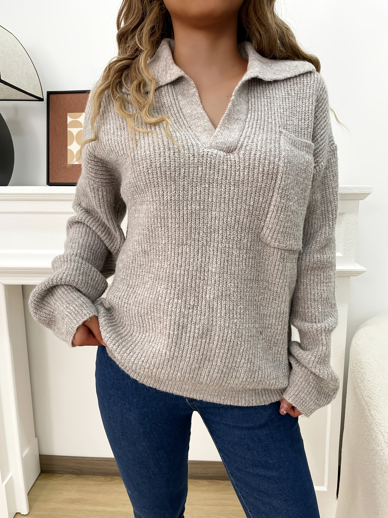 Relaxed Fit, Casual Autumn And Winter Short Loose Lapel Large Pocket Solid Color Pullover Sweater