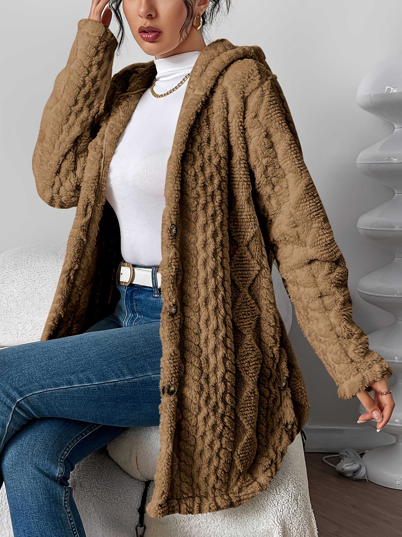 Autumn-Winter Warm Fashion Jacquard Plush Hooded Cardigan Coat
