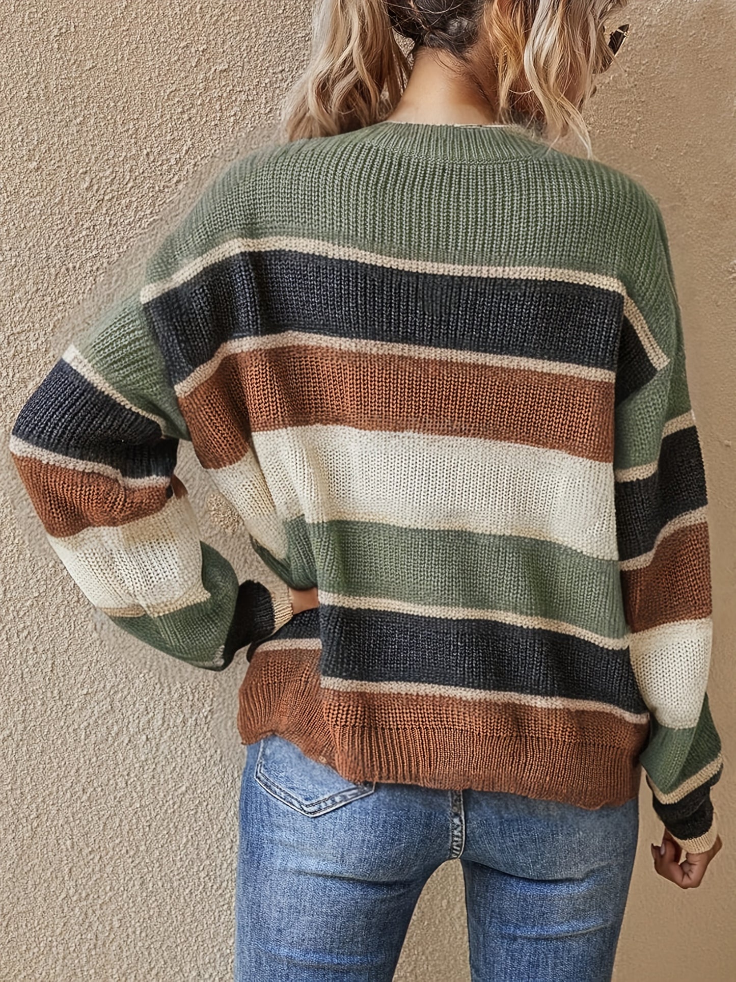 Women'S Color Block Striped Pullover Sweater - Cozy Long Sleeve Crew Neck, Loose Fit, Fall/Winter Casual Top with Green, Brown, and Beige Stripes, Casual Winter Wear | Relaxed Fit Top | Construction, Sweater Dress, Fall Clothe For Women, Fall Sw