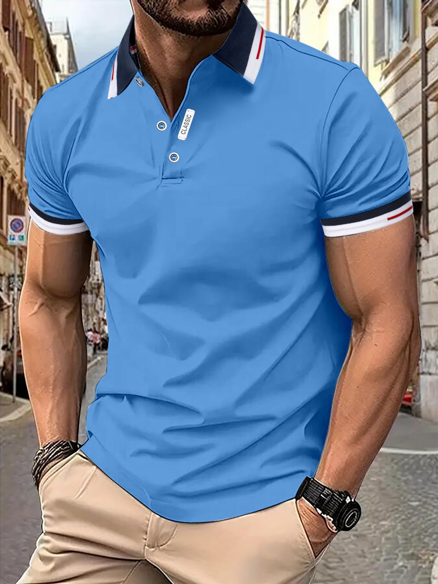 Men's Sleek Black Shirt - Casual & Sporty, Short-Sleeved with Contrast Collar and Trim, 100% Polyester, Button Detail, Ideal for Summer