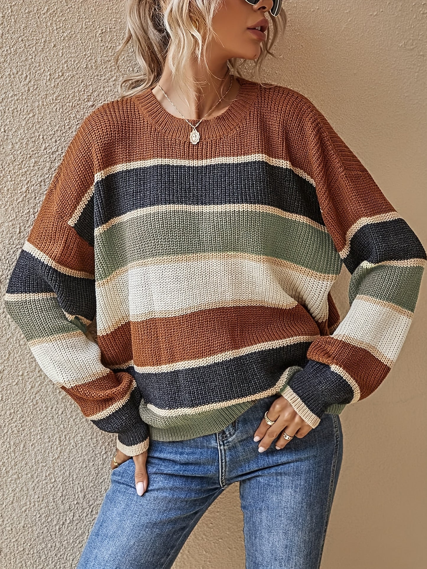 Women'S Color Block Striped Pullover Sweater - Cozy Long Sleeve Crew Neck, Loose Fit, Fall/Winter Casual Top with Green, Brown, and Beige Stripes, Casual Winter Wear | Relaxed Fit Top | Construction, Sweater Dress, Fall Clothe For Women, Fall Sw