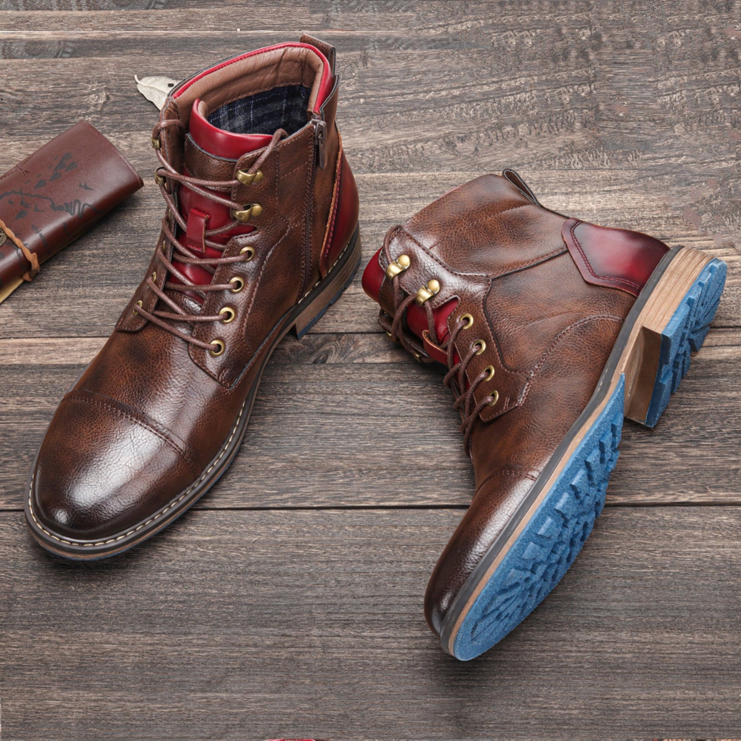 Men'S Boots in Brown with PU Patchwork Upper, Side Zipper, And Two-Tone Rubber Sole.