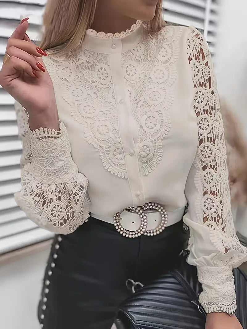 Solid Polyester Blouse Solid Contrast Lace