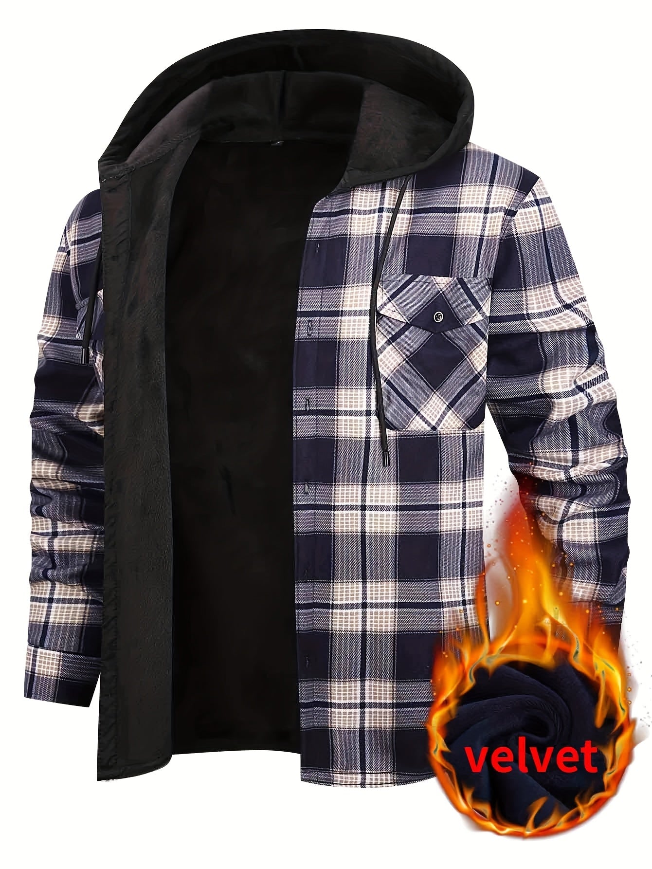 Men's Fleece-Lined Hoodie - Casual & Sporty, Plaid Pullover with Button Detail, Long Sleeve, Loose Fit for Fall/Winter