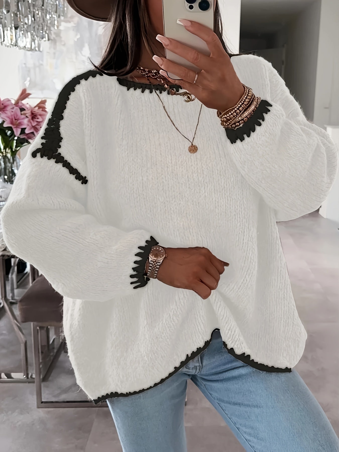 Solid Off-the-Shoulder Color Block Knit Sweater - Casual, Polyester, Fall/Winter, Knit Fabric, 88.2 g/m²