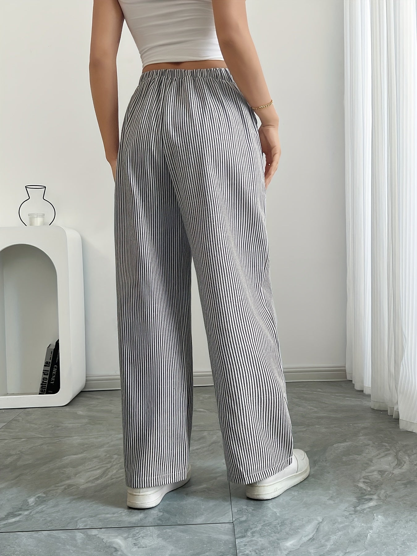 Slant Pockets Wide Leg Pants, Casual Striped Print Loose Drawstring Waist Pants For Spring & Summer, Women's Clothing