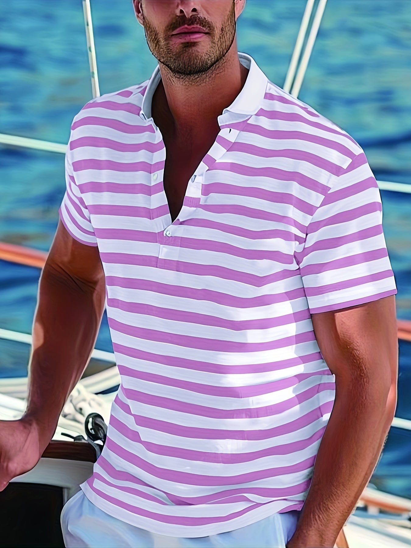 Men'S Short-Sleeve Polo Shirt with Print Stripes for Casual Summer Wear.